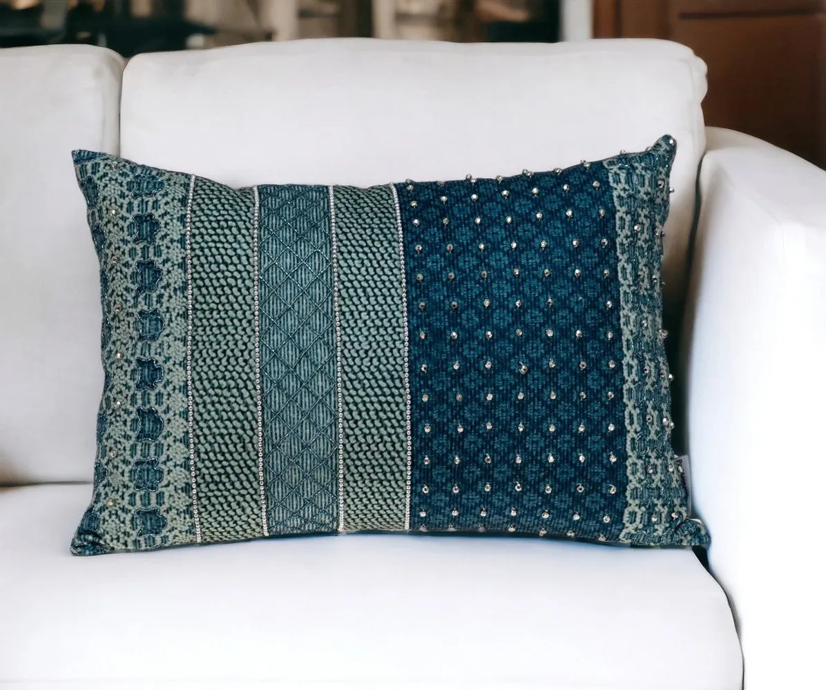 Blue and Aqua Beaded Embroidered Decorative Throw Pillow Throw Pillows clearance cushion