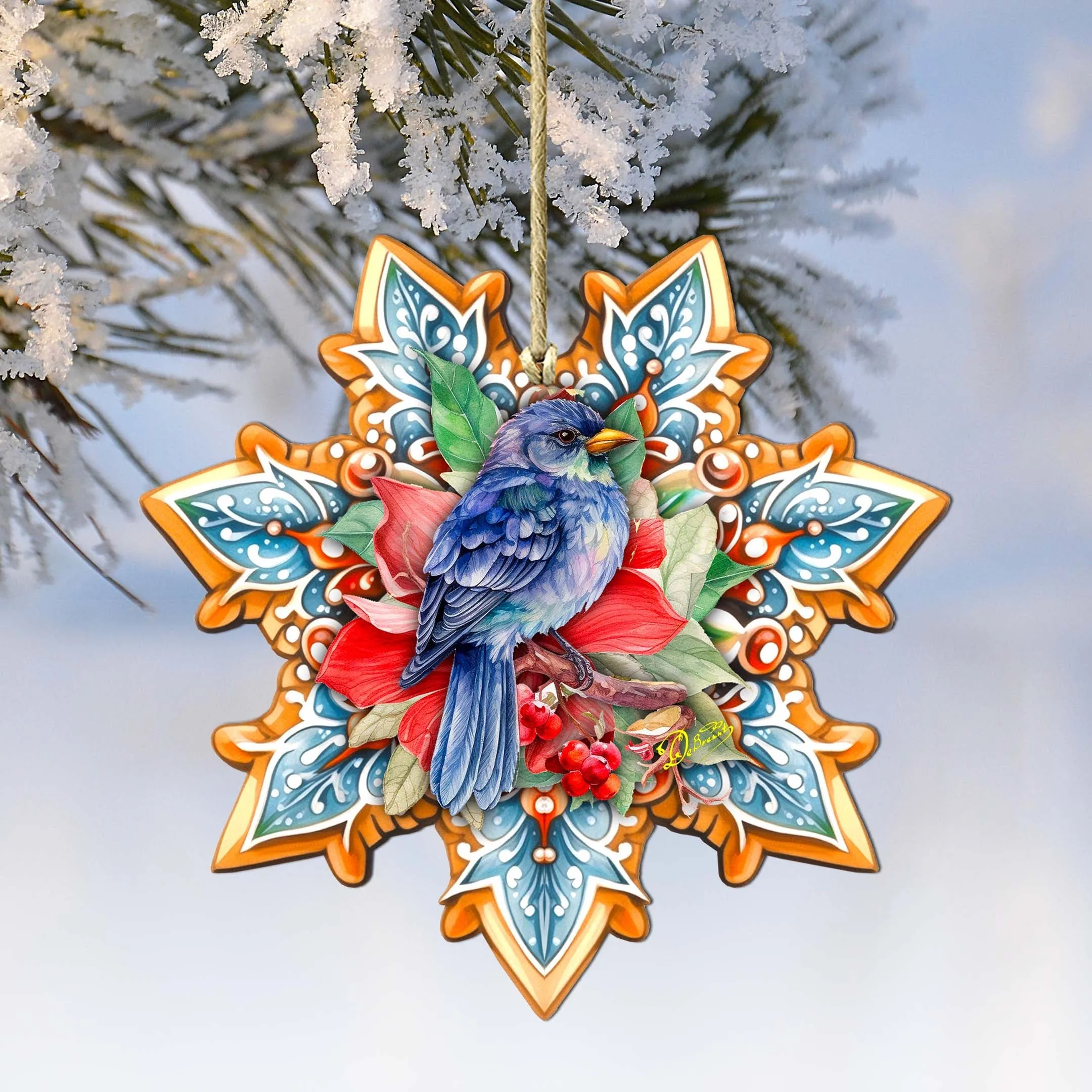 Blue Bird Snowflake Wooden Christmas Ornament by G. Debrekht