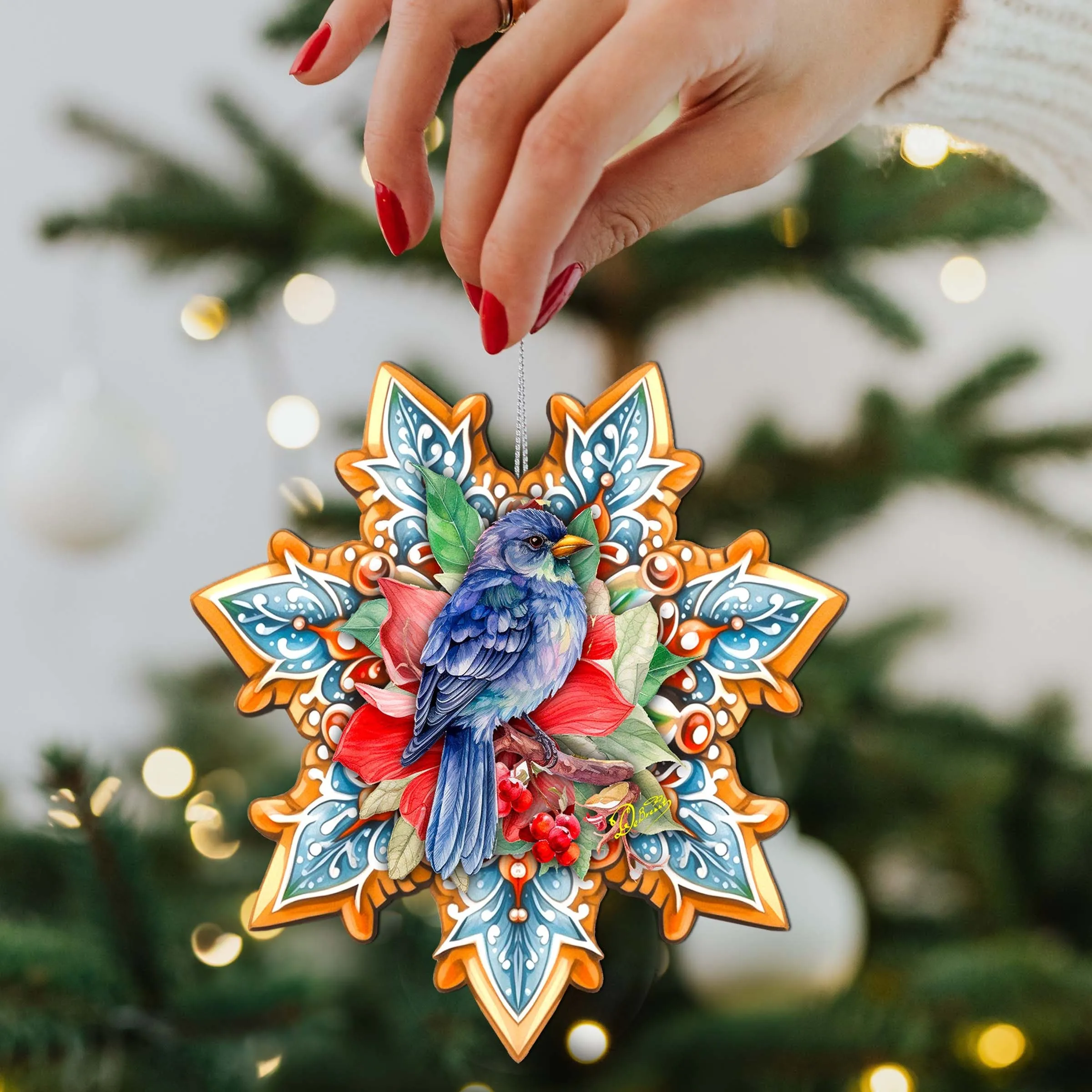 Blue Bird Snowflake Wooden Christmas Ornament by G. Debrekht Holiday Decor clearance sale