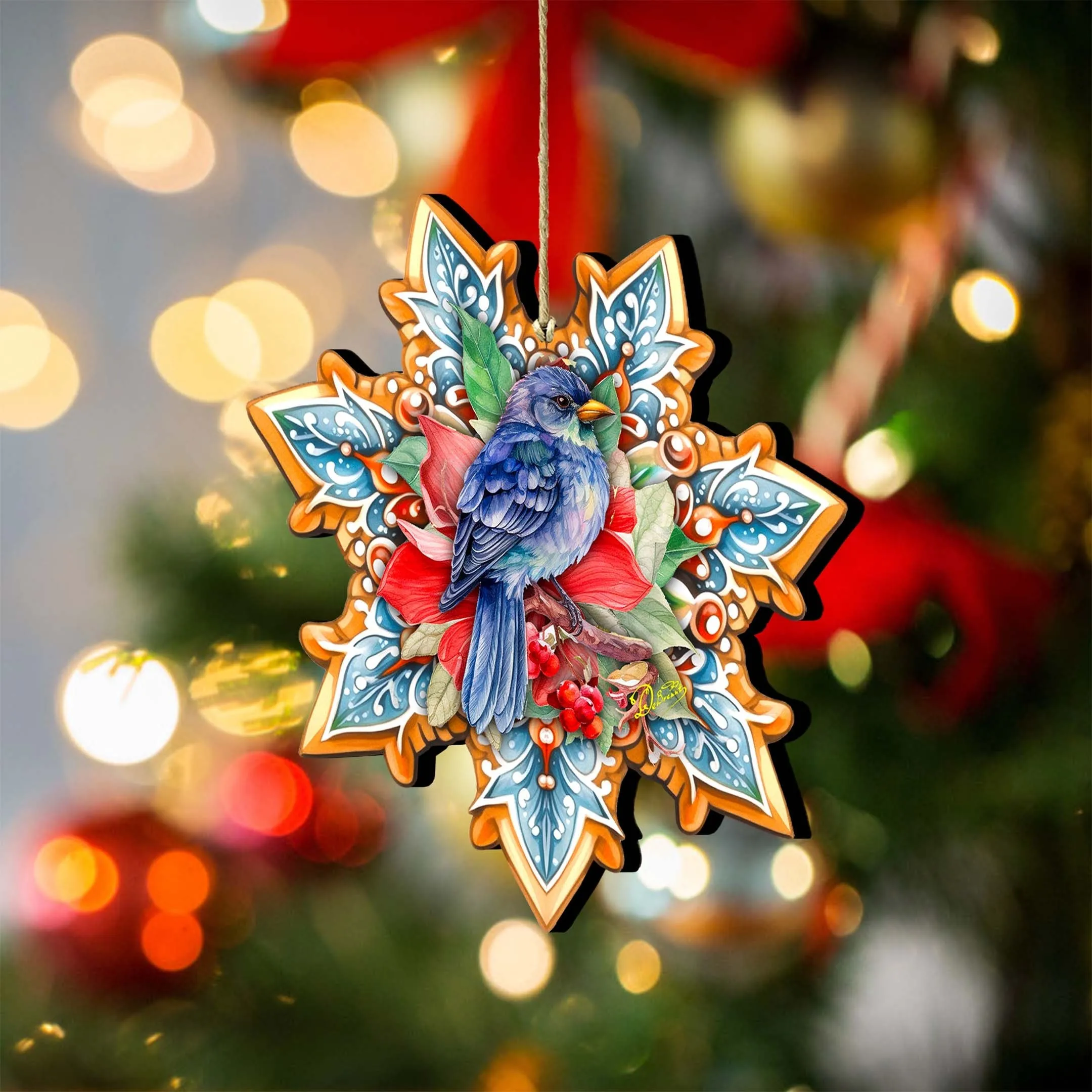 Blue Bird Snowflake Wooden Christmas Ornament by G. Debrekht