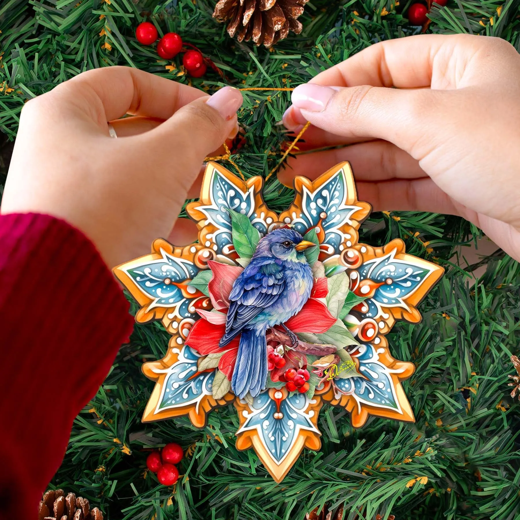 Blue Bird Snowflake Wooden Christmas Ornament by G. Debrekht