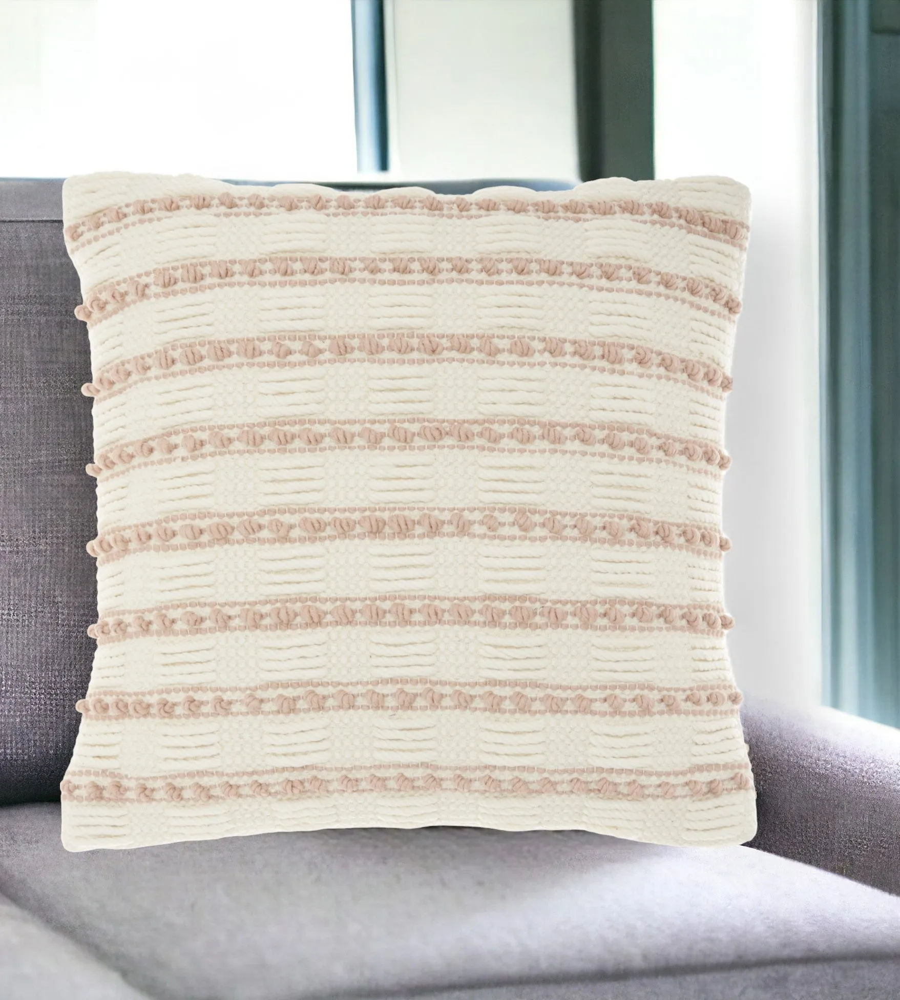 Blush And Ivory Textured Stripes Throw Pillow Throw Pillows clearance cushion