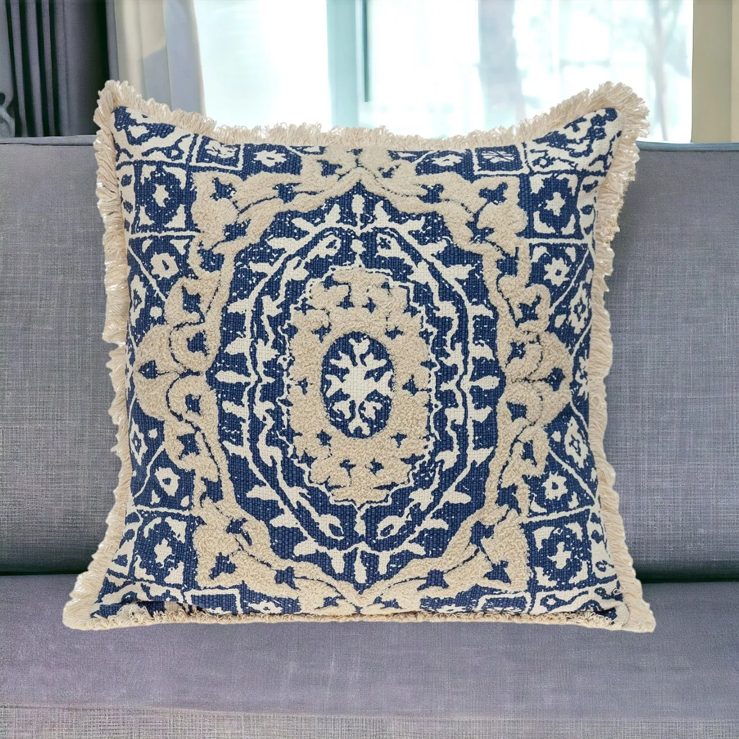Boho Garland Beige and Navy Blue Decorative Accent Pillow Throw Pillows home accents sale