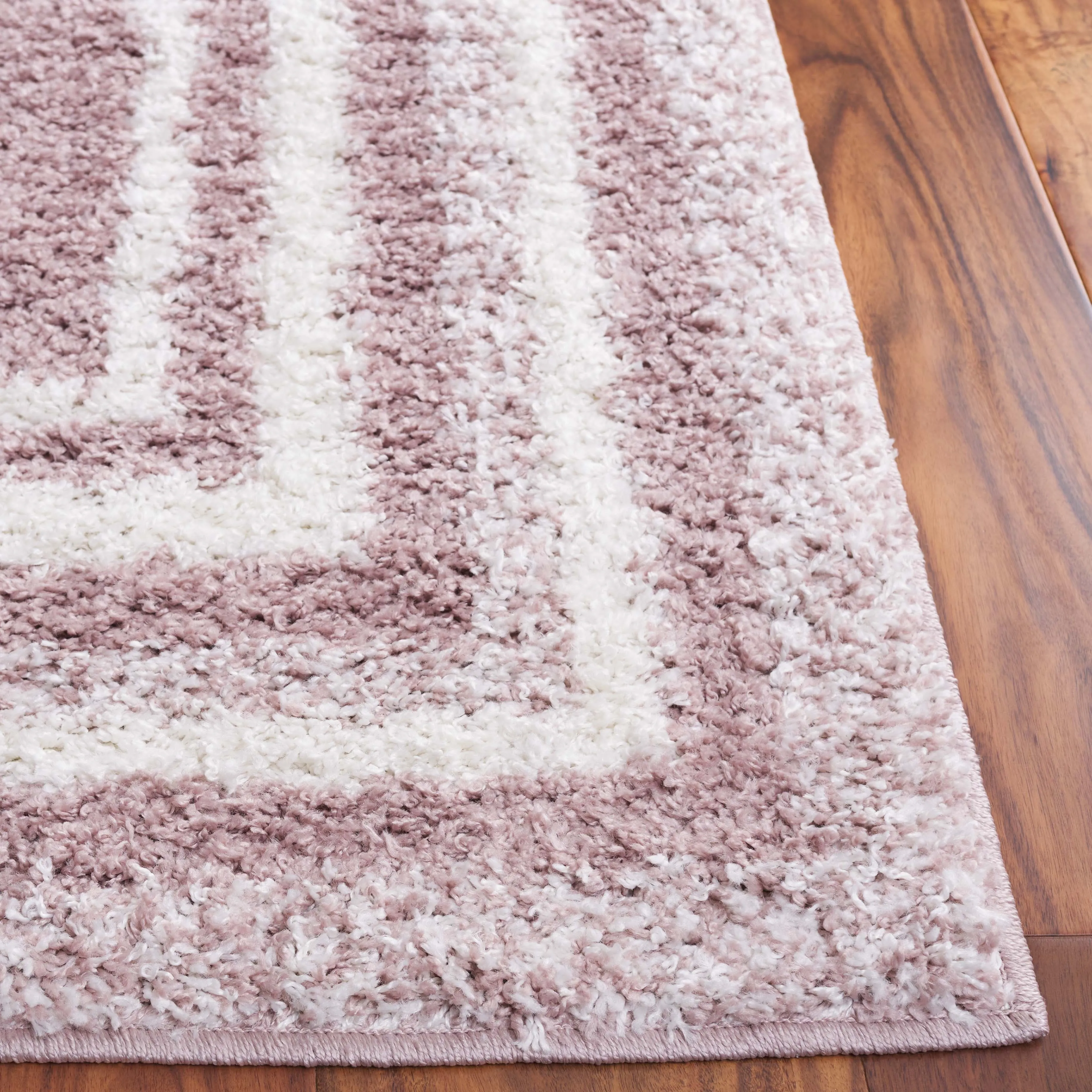 Border & Stripe Shag Area Rug, Pink / Ivory Flokati Style Non-Shedding
