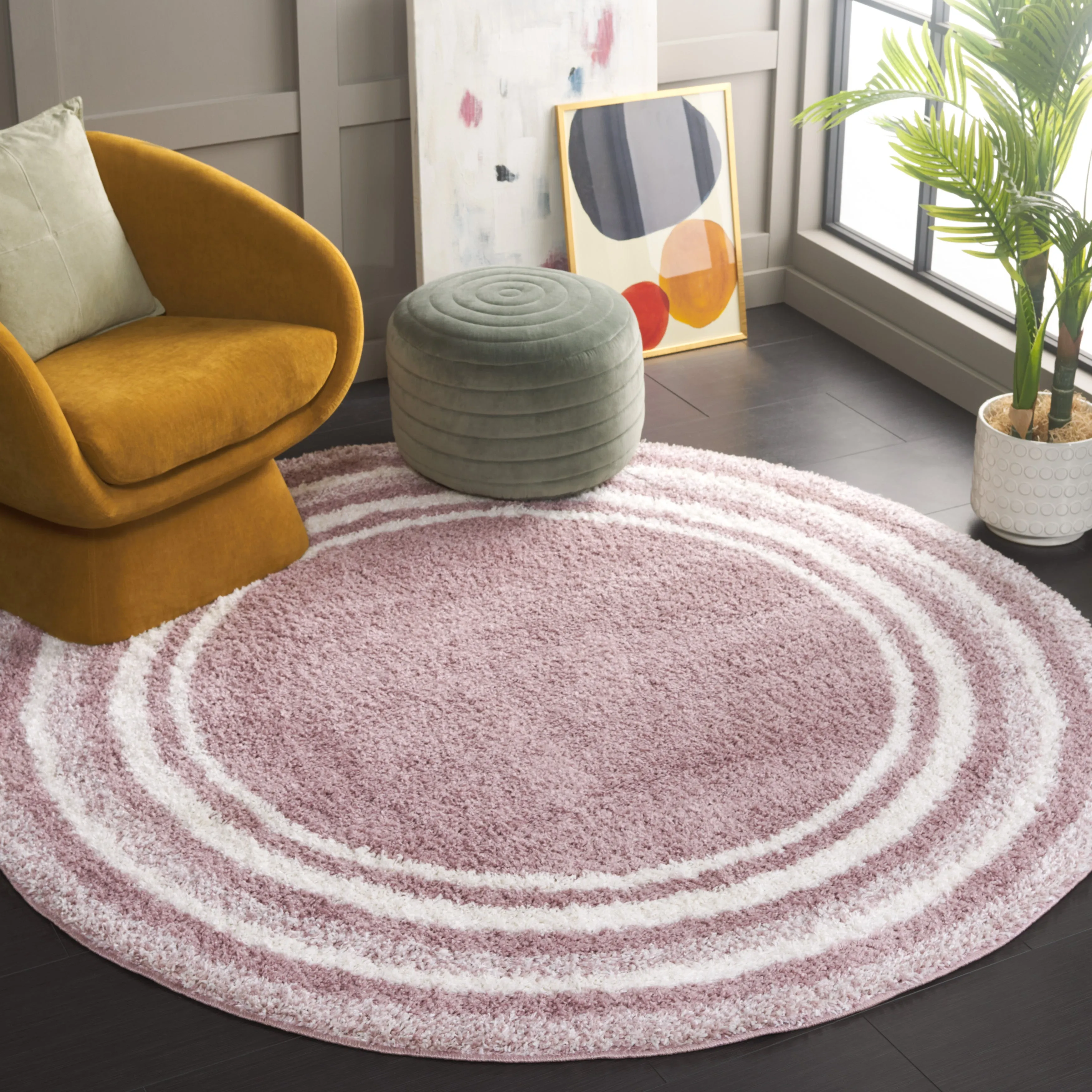 Border & Stripe Shag Area Rug, Pink / Ivory Flokati Style Non-Shedding