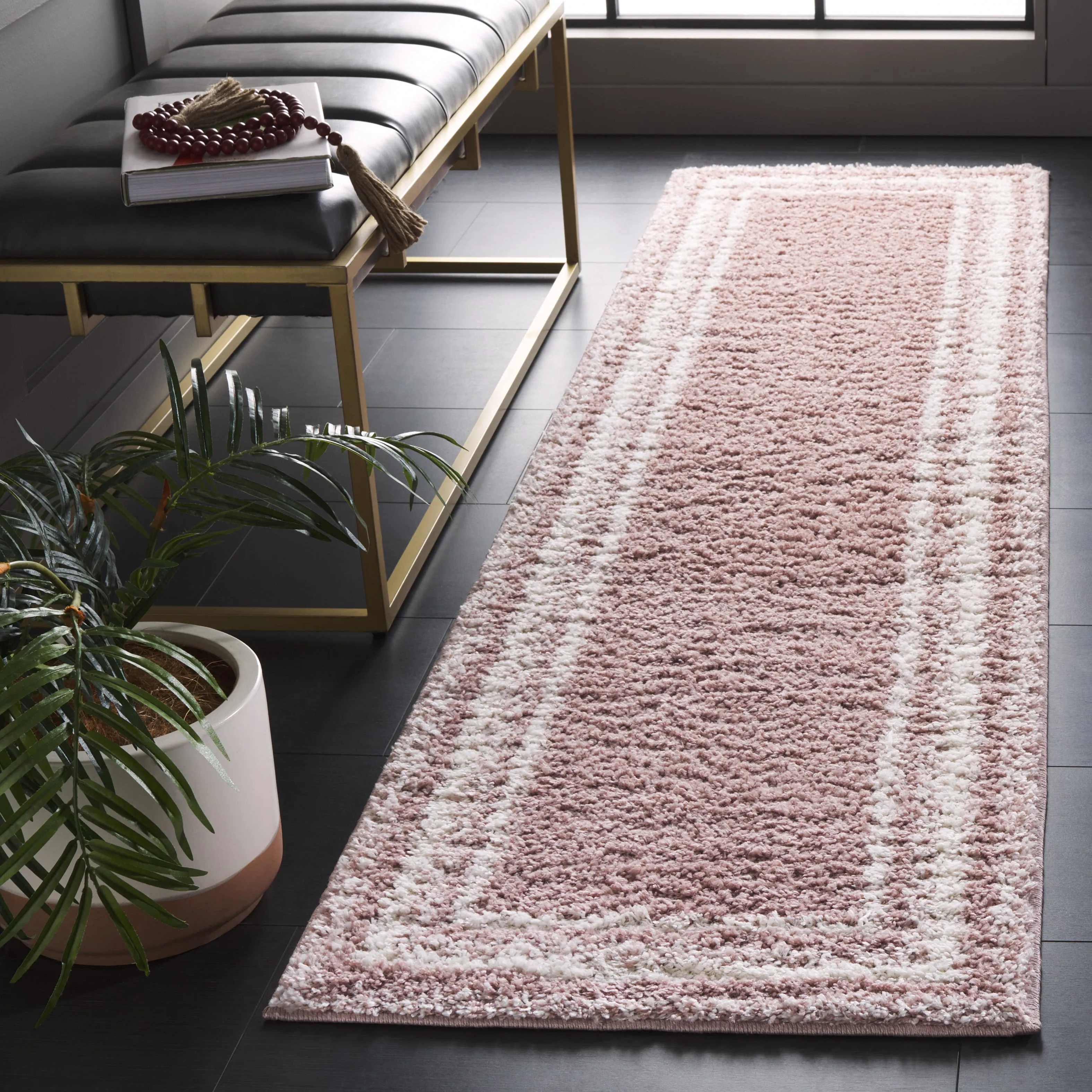 Border & Stripe Shag Area Rug, Pink / Ivory Flokati Style Non-Shedding