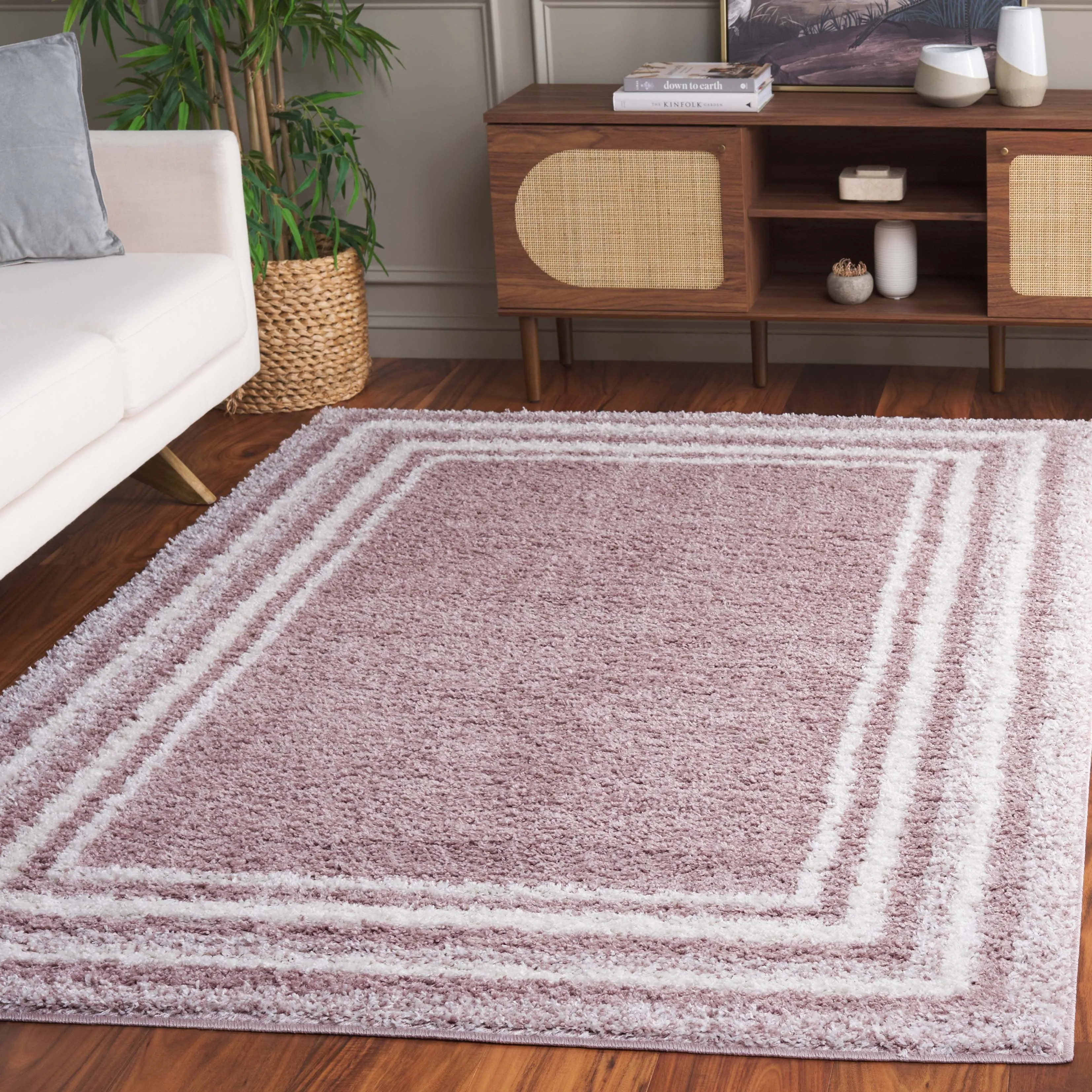 Border & Stripe Shag Area Rug, Pink / Ivory Flokati Style Non-Shedding Area Rugs holiday deals