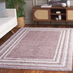 Border & Stripe Shag Area Rug, Pink / Ivory Flokati Style Non-Shedding Area Rugs holiday deals