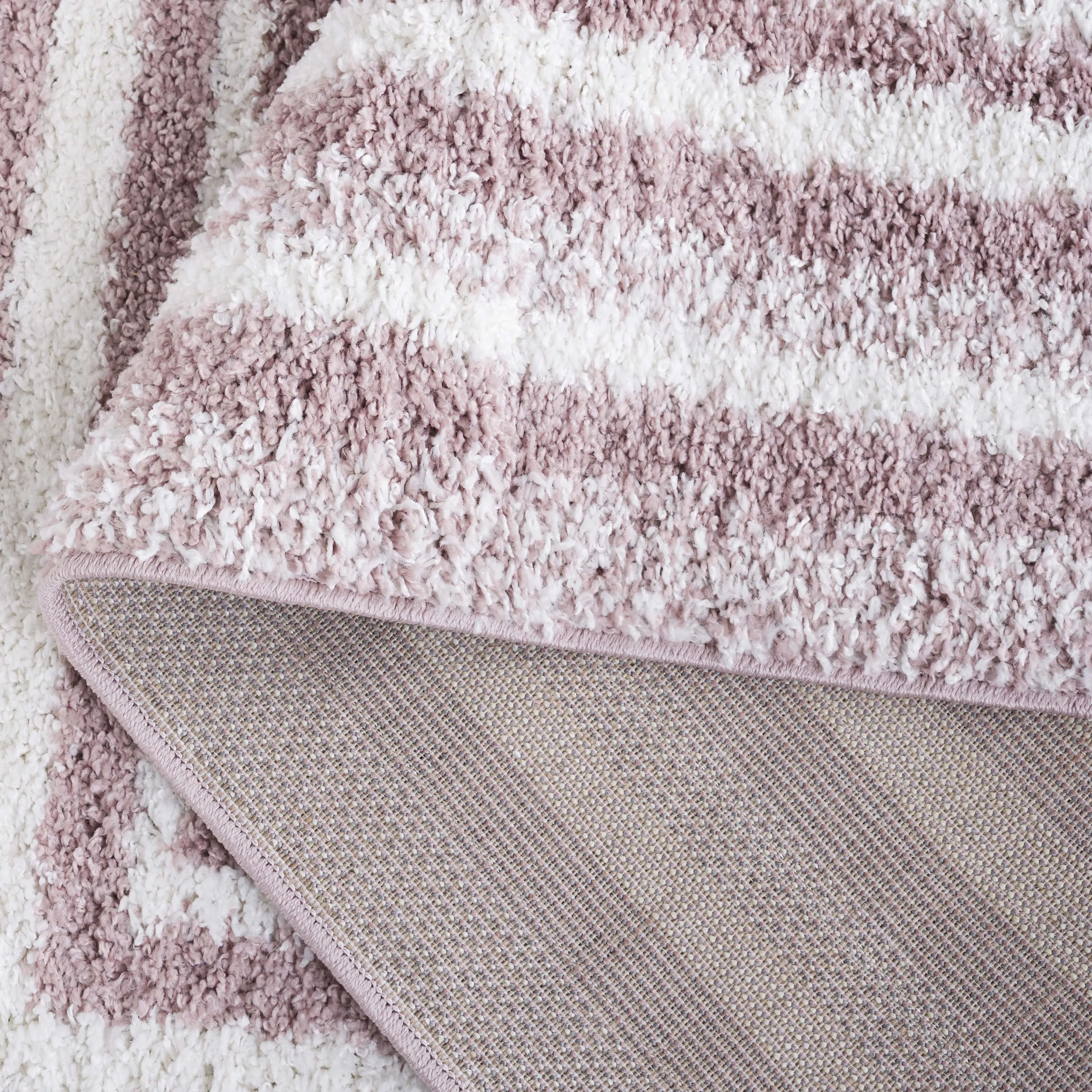 Border & Stripe Shag Area Rug, Pink / Ivory Flokati Style Non-Shedding