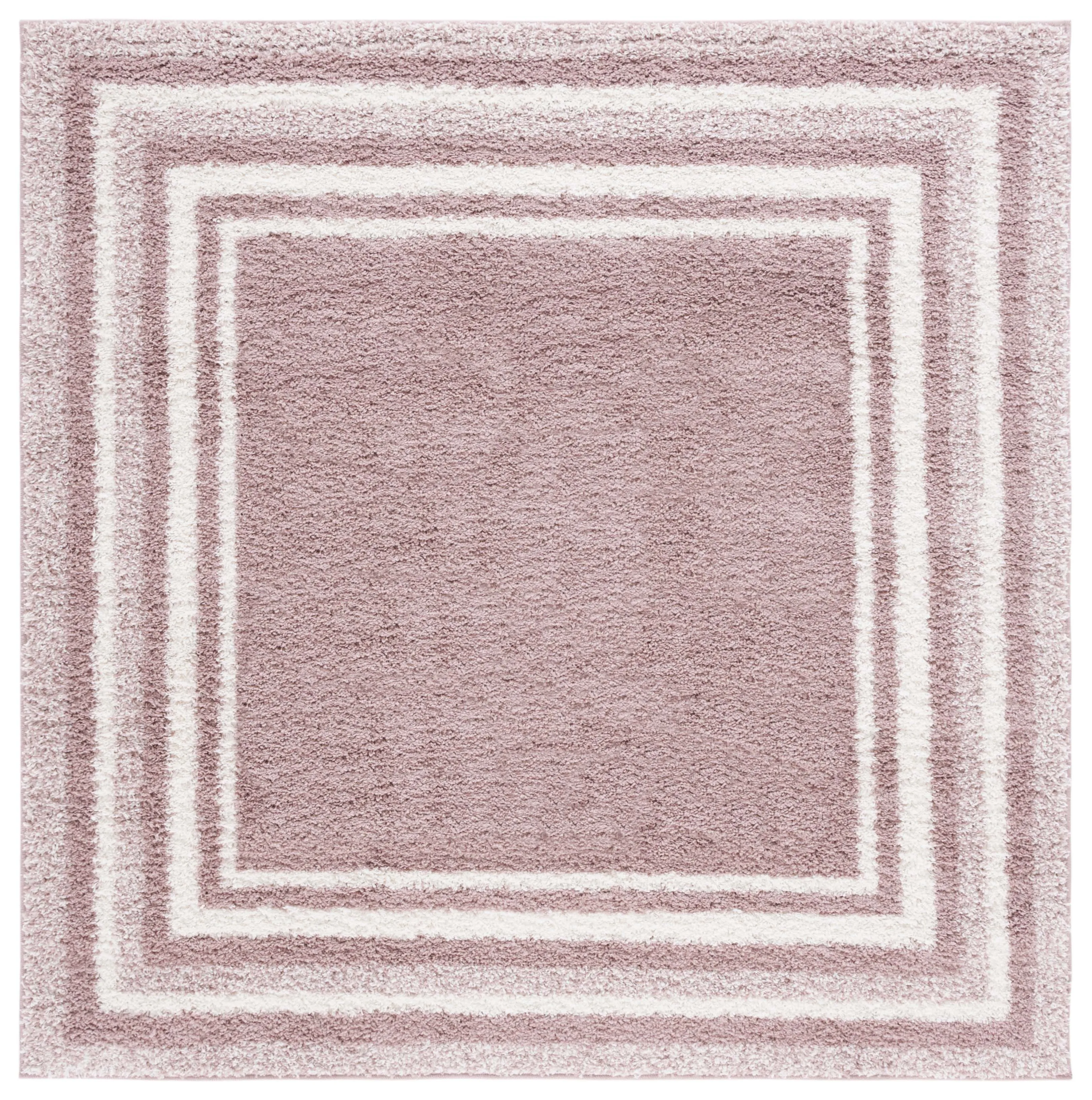 Border & Stripe Shag Area Rug, Pink / Ivory Flokati Style Non-Shedding