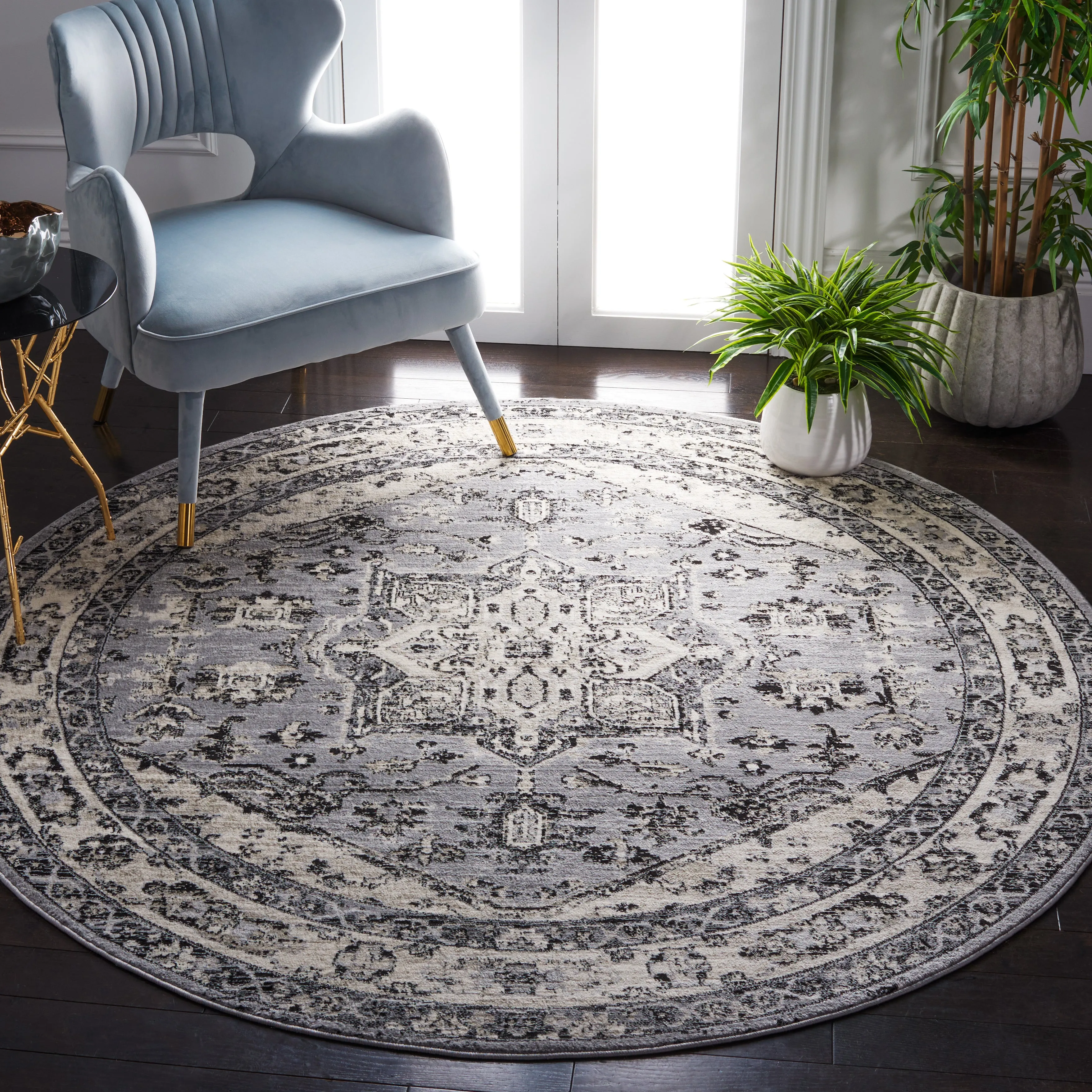Brentwood Machine Made Area Rug, Grey / Black Traditional Style Easy Care