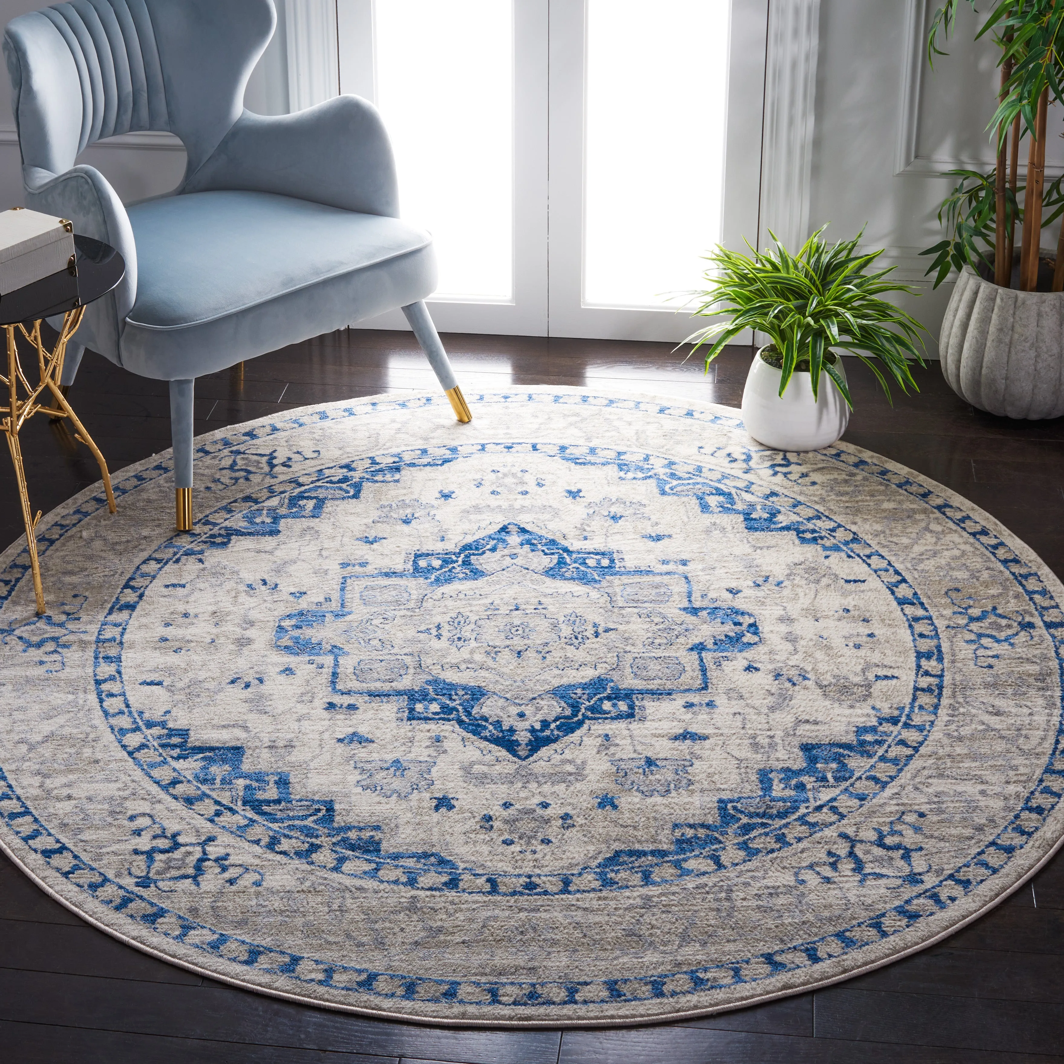 Brentwood Machine Made Area Rug, Ivory / Blue Traditional Style Easy Care