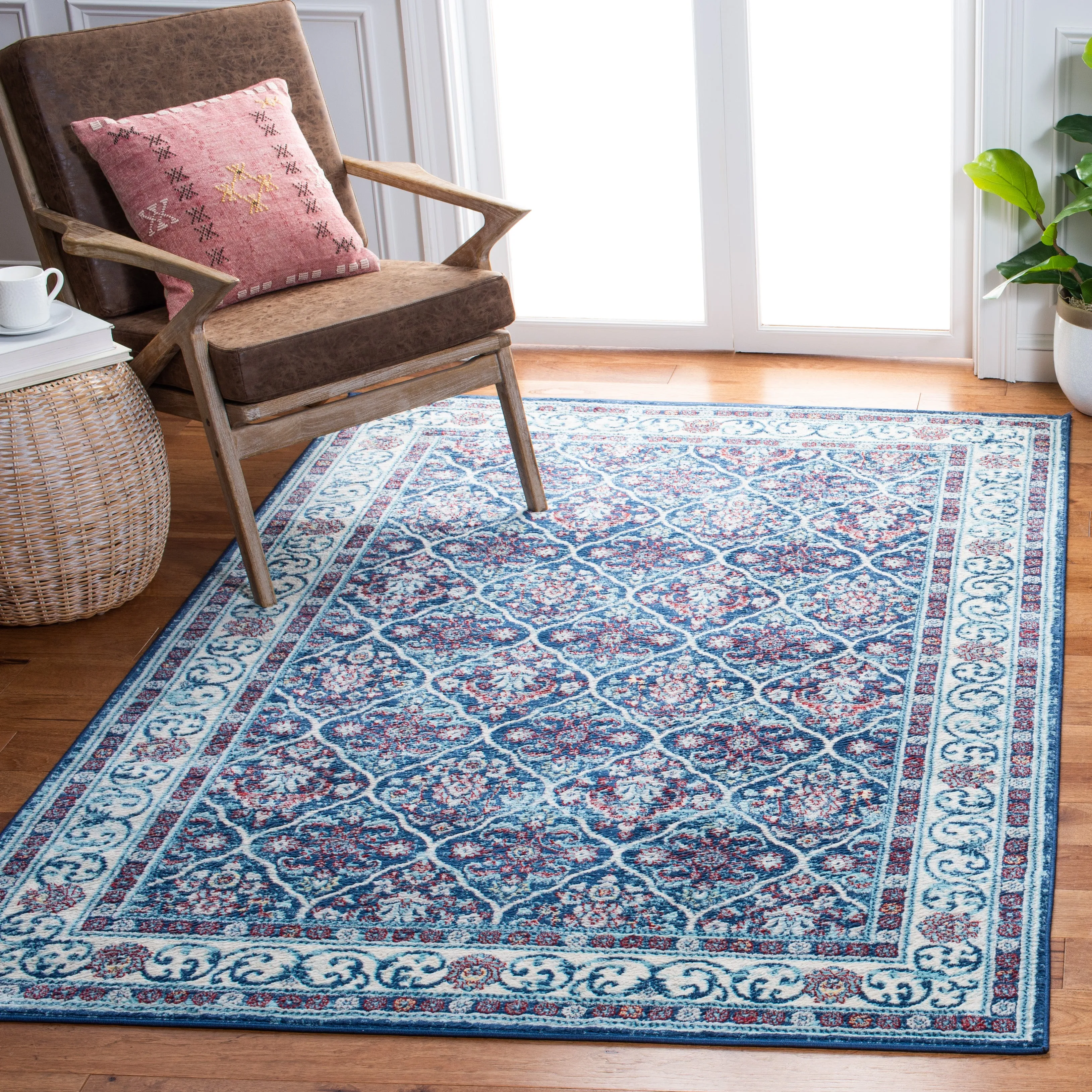 Brentwood Machine Made Area Rug, Navy / Red Traditional Style Easy Care Area Rugs weekend promo