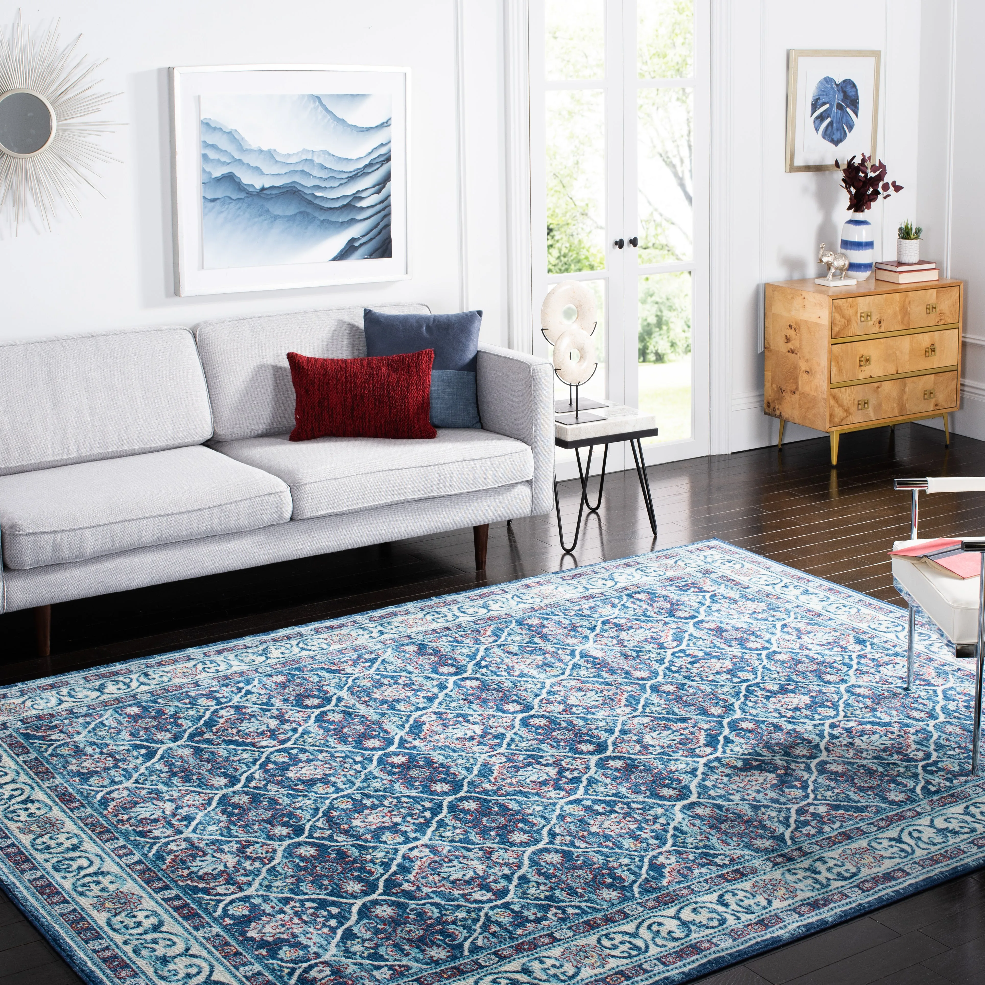 Brentwood Machine Made Area Rug, Navy / Red Traditional Style Easy Care