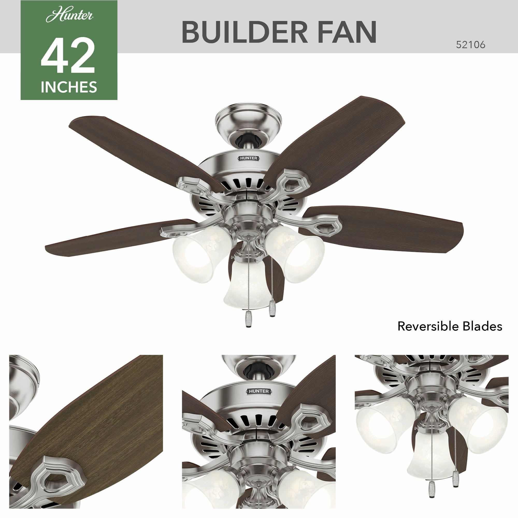 Builder 42"Ceiling Fan Brushed Nickel Small Room Fans sale