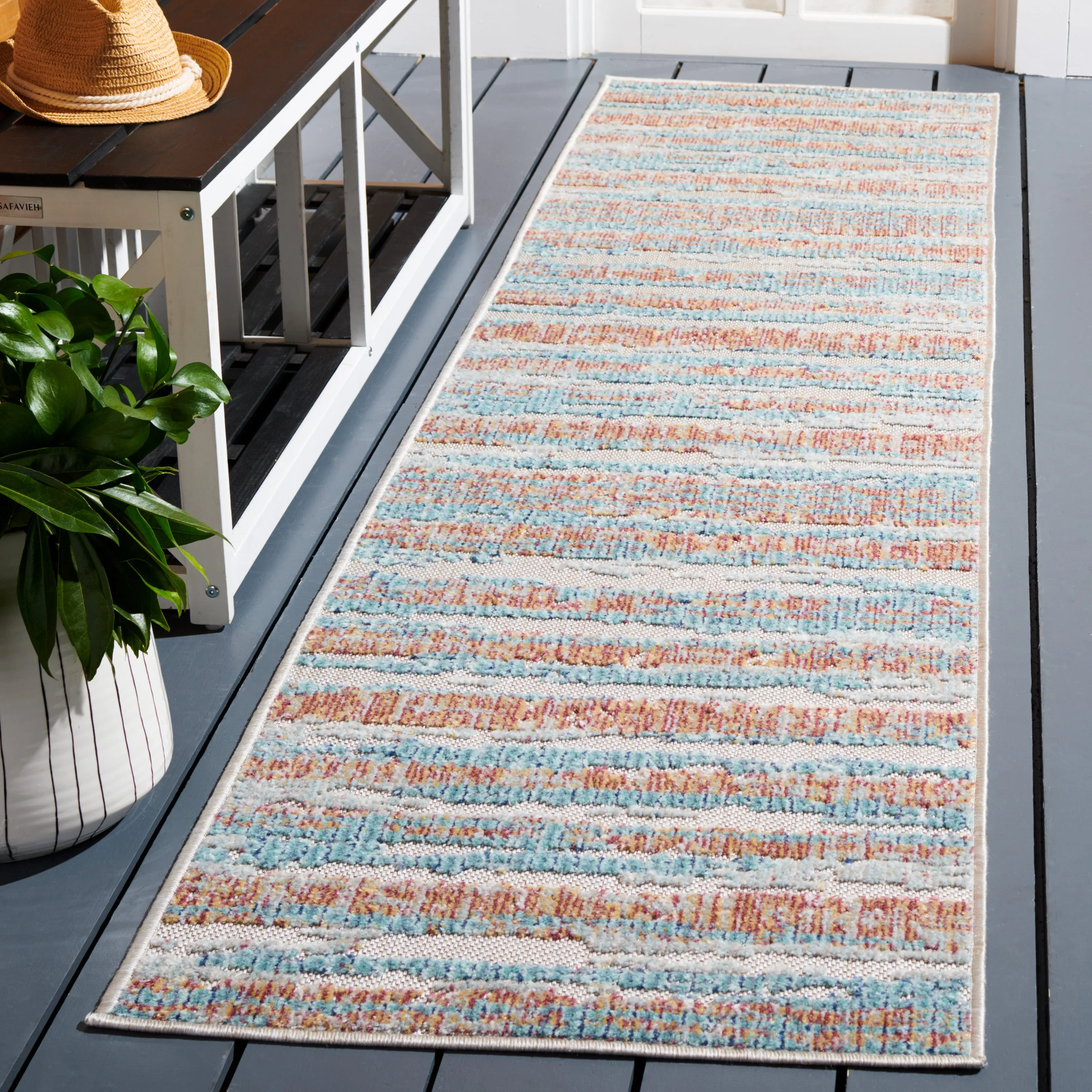 Cabana Machine Made Indoor/Outdoor Area Rug, Aqua / Pink Contemporary Style Easy Care