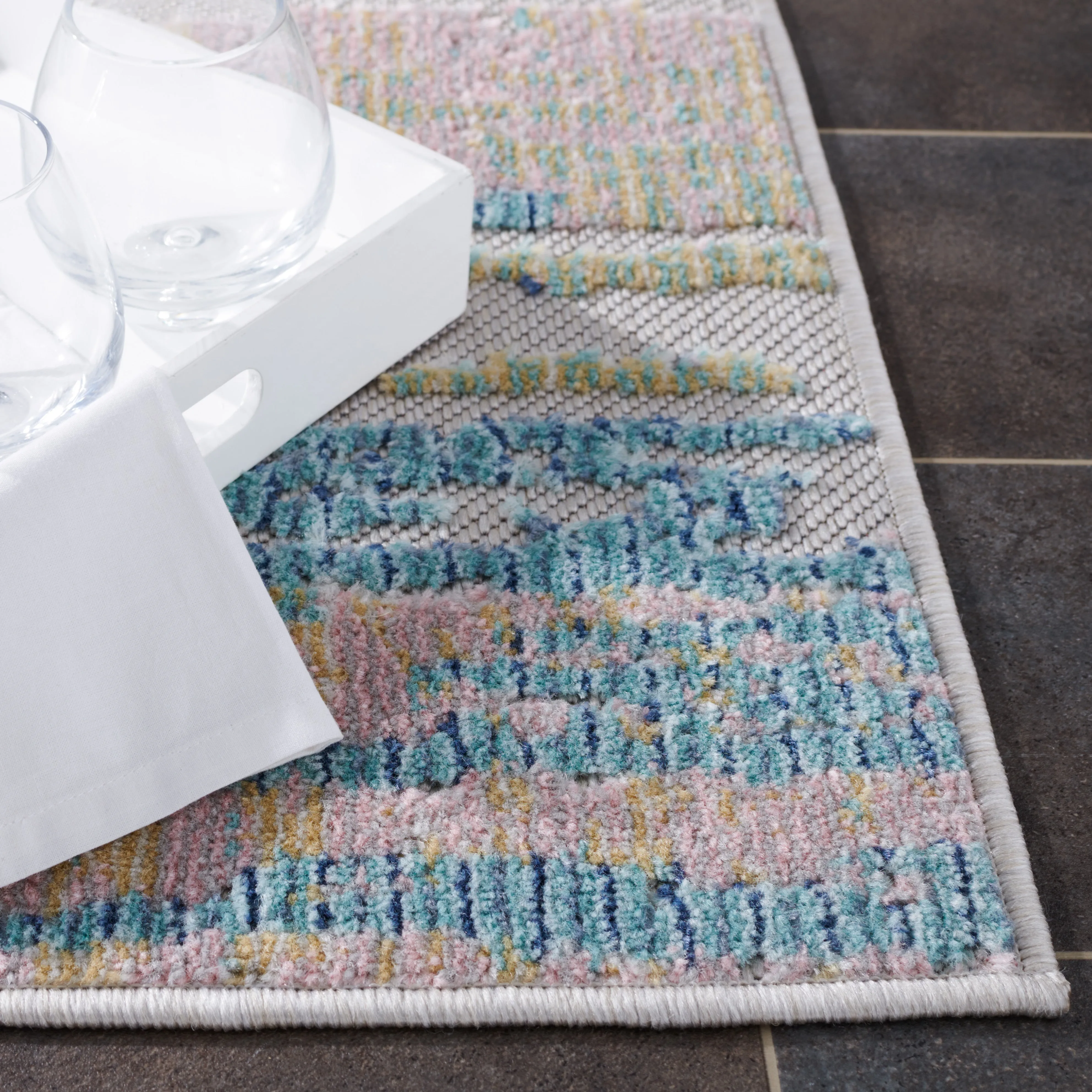 Cabana Machine Made Indoor/Outdoor Area Rug, Aqua / Pink Contemporary Style Easy Care
