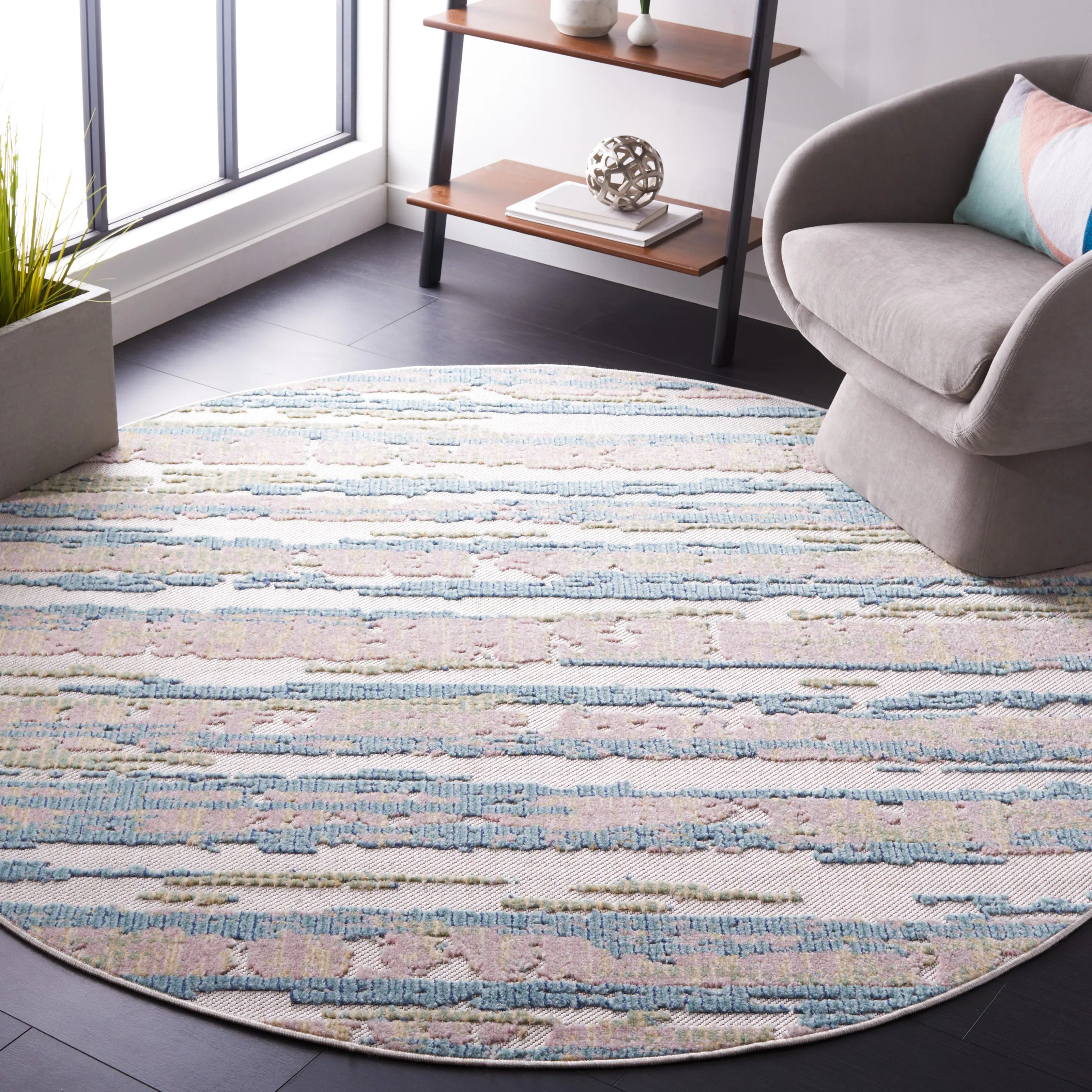 Cabana Machine Made Indoor/Outdoor Area Rug, Aqua / Pink Contemporary Style Easy Care