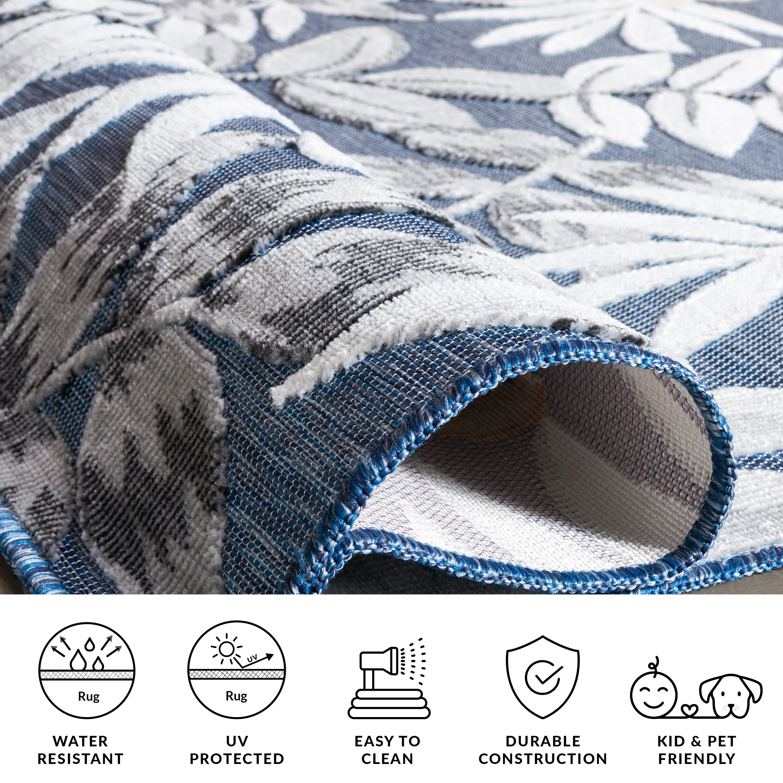 Cabana Machine Made Indoor/Outdoor Area Rug, Blue / Grey Country Floral Style Easy Care
