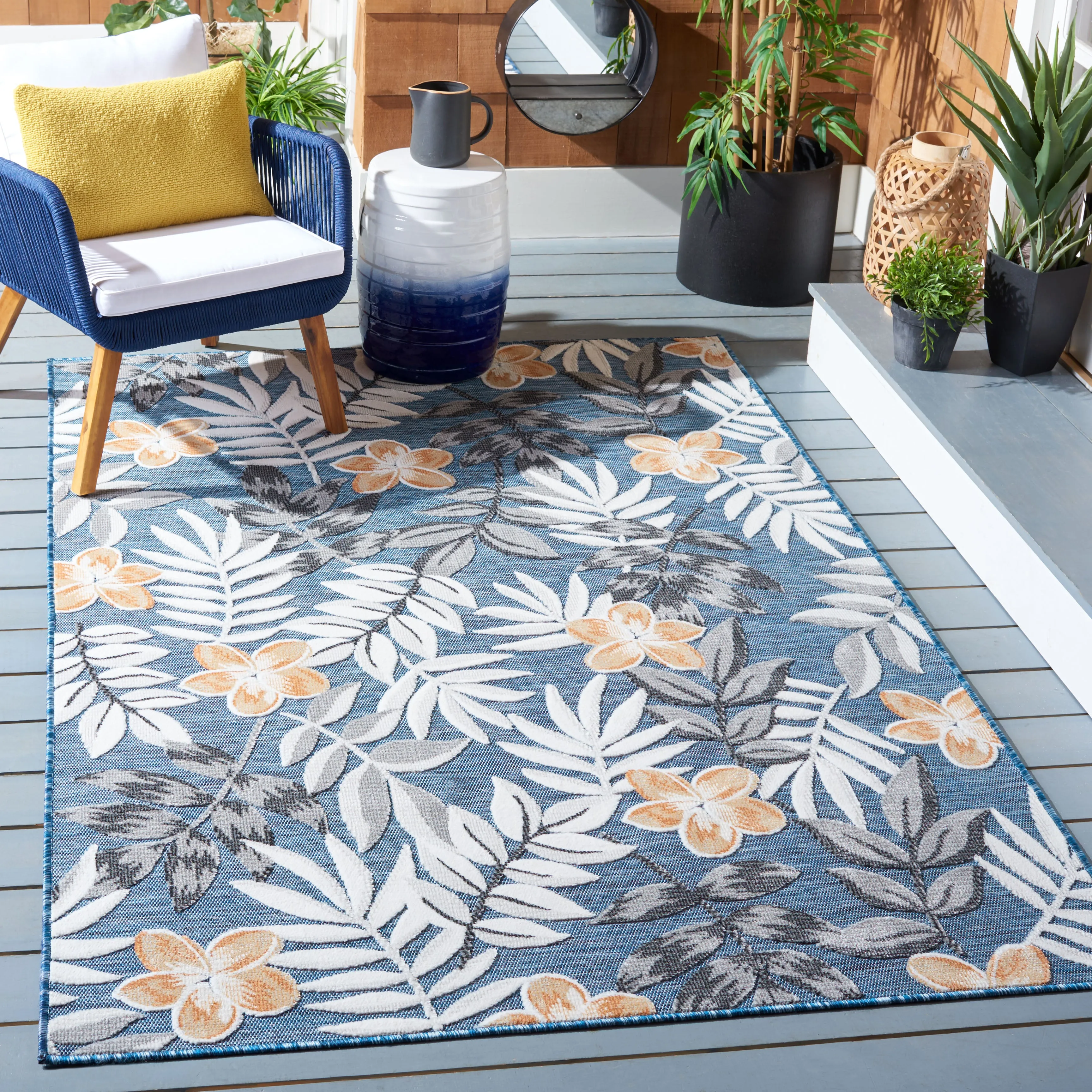Cabana Machine Made Indoor/Outdoor Area Rug, Blue / Grey Country Floral Style Easy Care Area Rugs cheap home decor