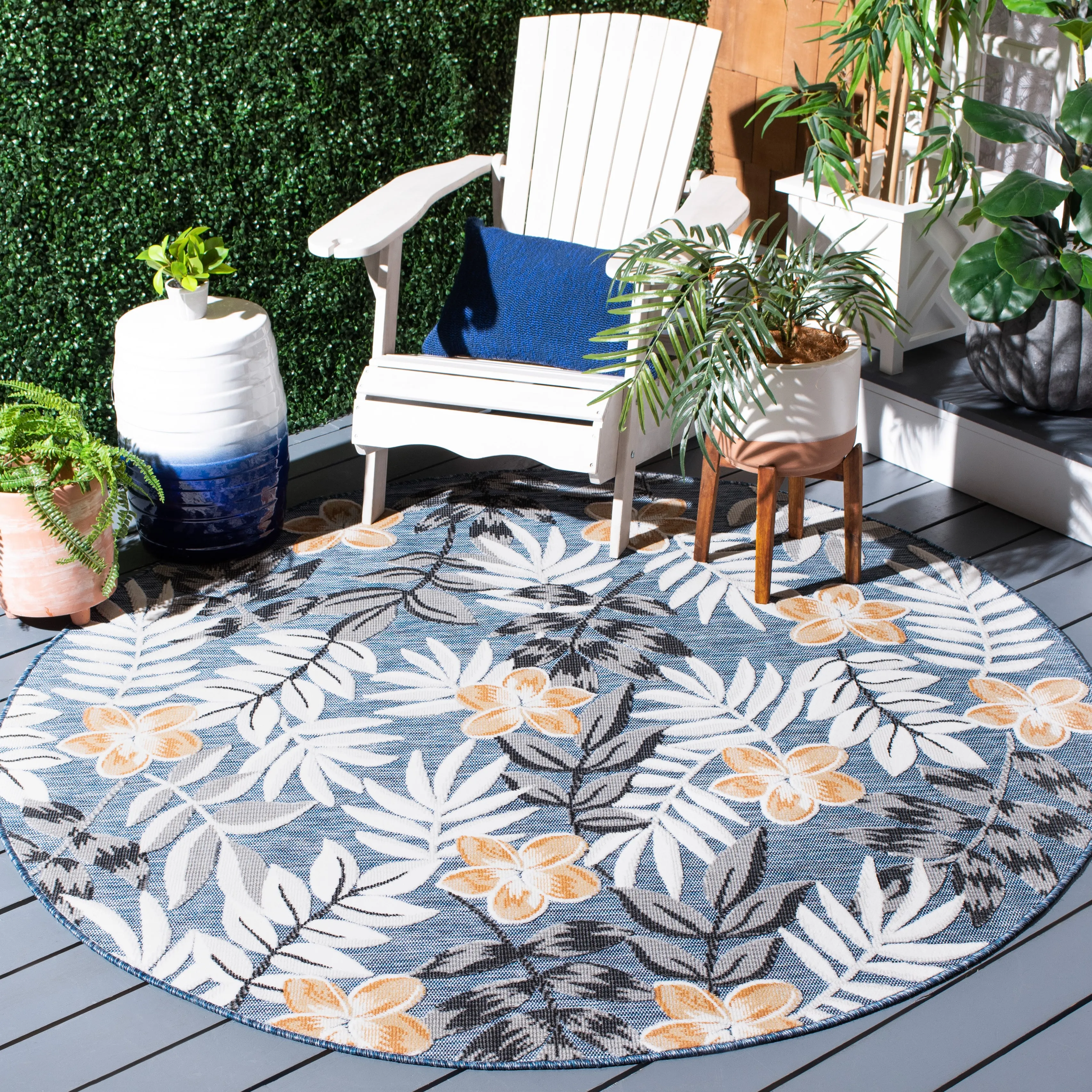 Cabana Machine Made Indoor/Outdoor Area Rug, Blue / Grey Country Floral Style Easy Care