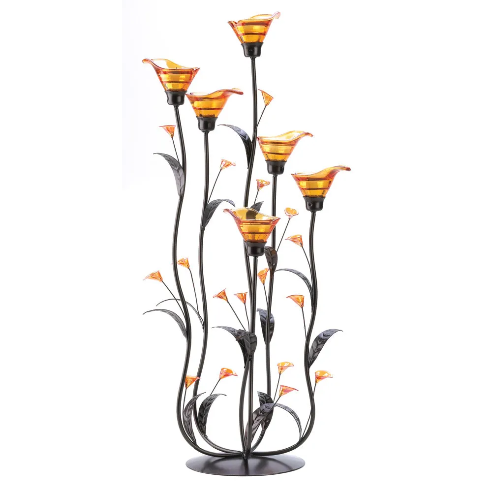 Calla Lily Candleholder with Amber Glass - Black