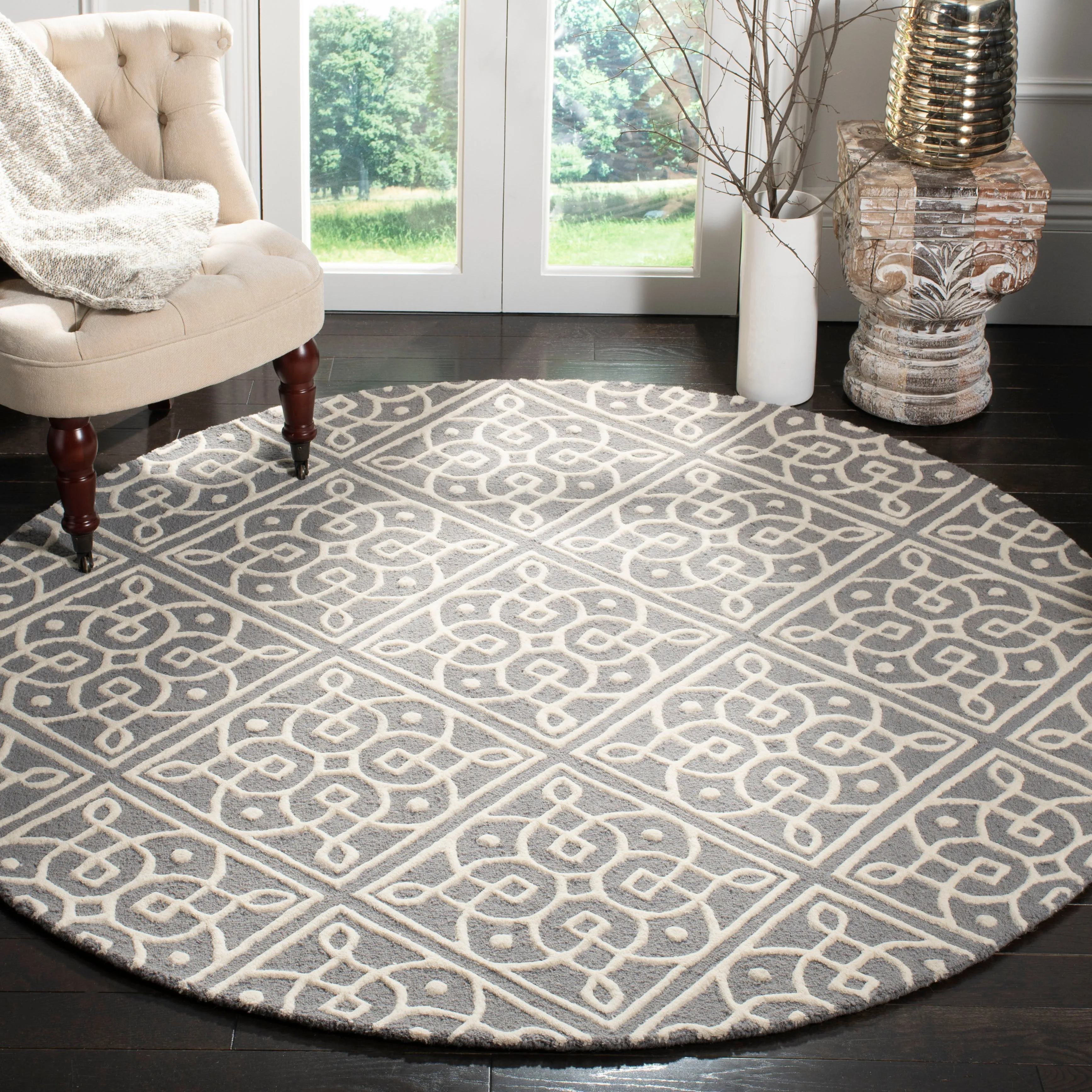 Cambridge Hand Made Area Rug, Dark Grey / Ivory Contemporary Style Non-Shedding