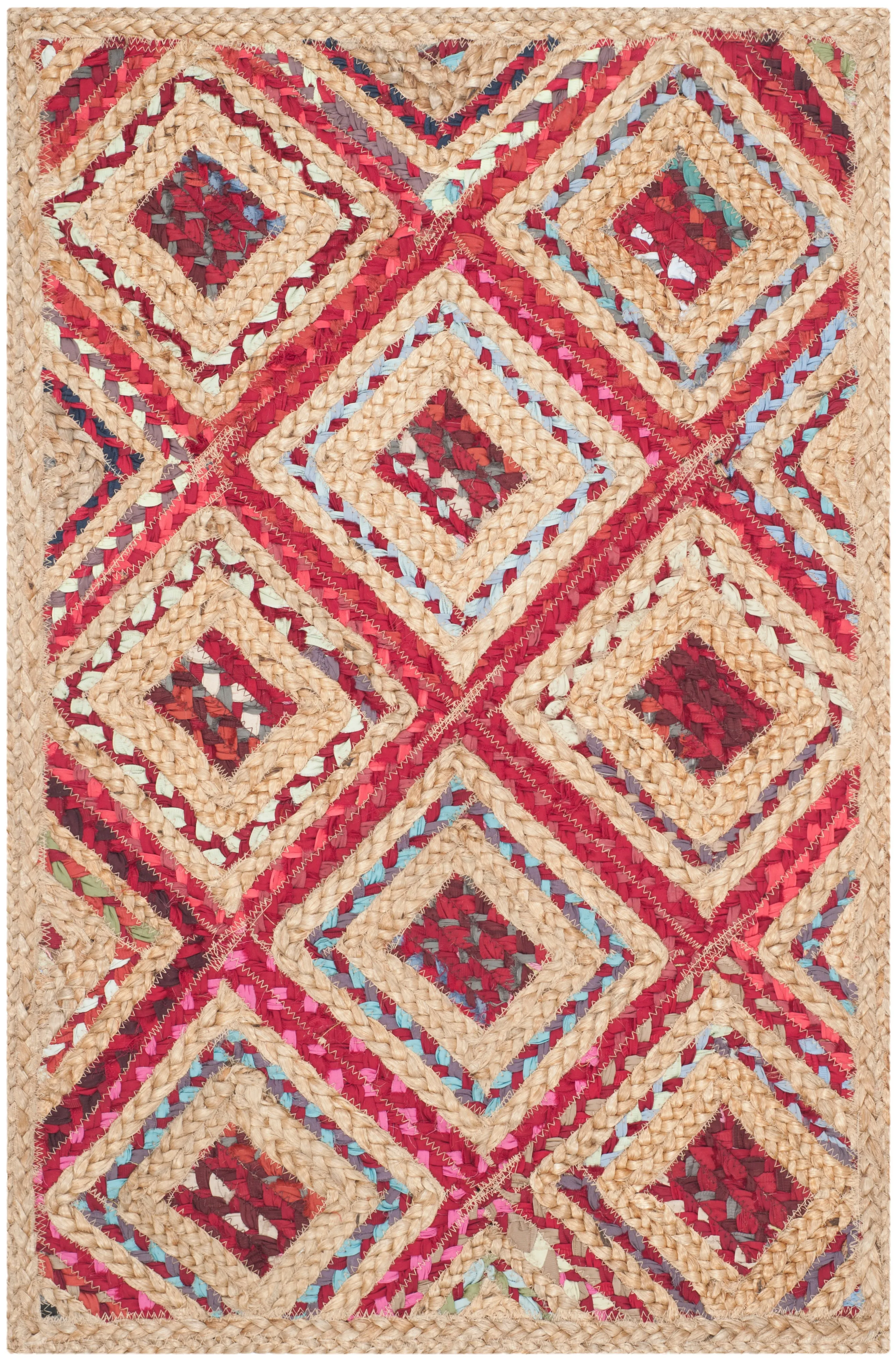 Cape Cod Hand Made Area Rug, Natural / Red Bohemian Style Non-Shedding