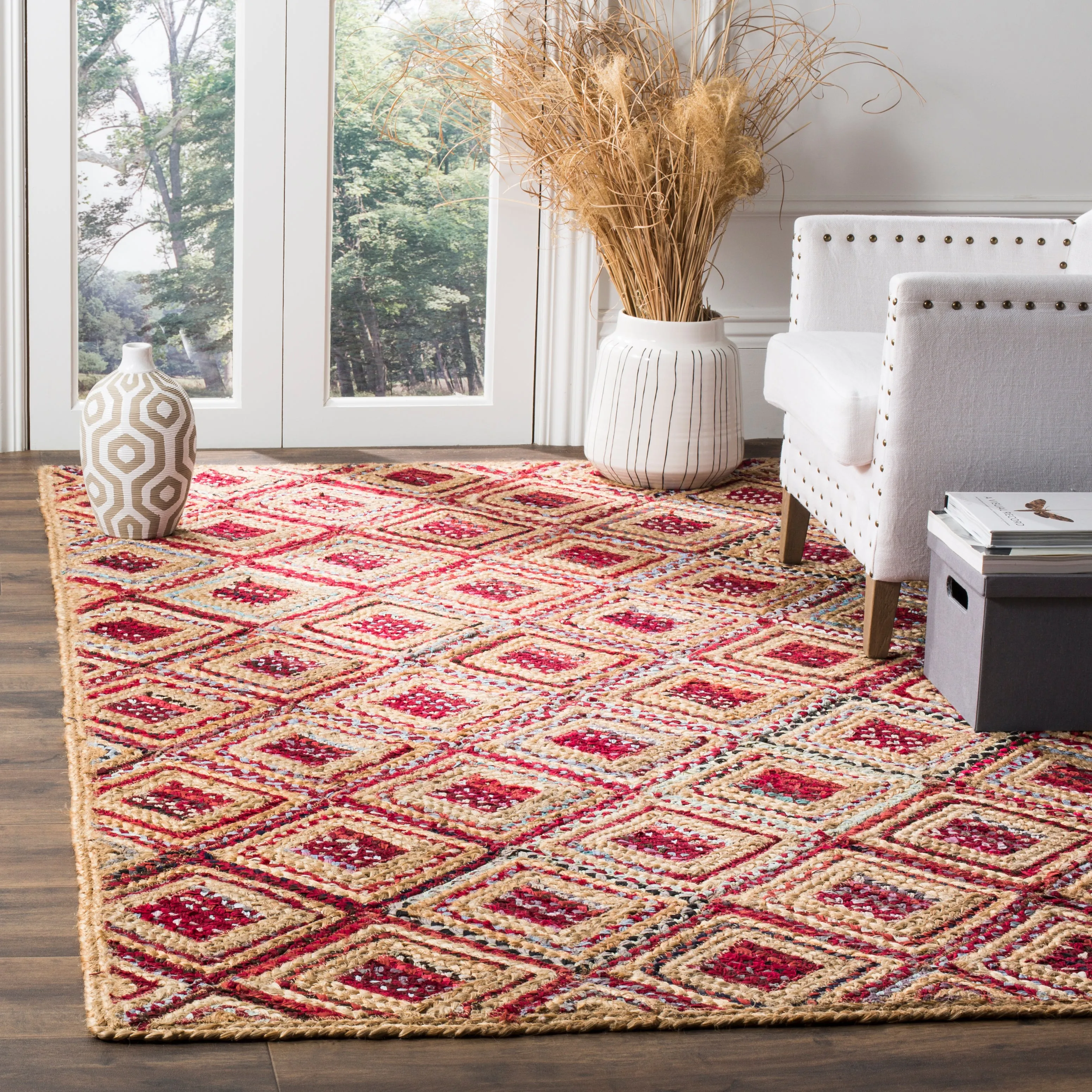 Cape Cod Hand Made Area Rug, Natural / Red Bohemian Style Non-Shedding Area Rugs deal online