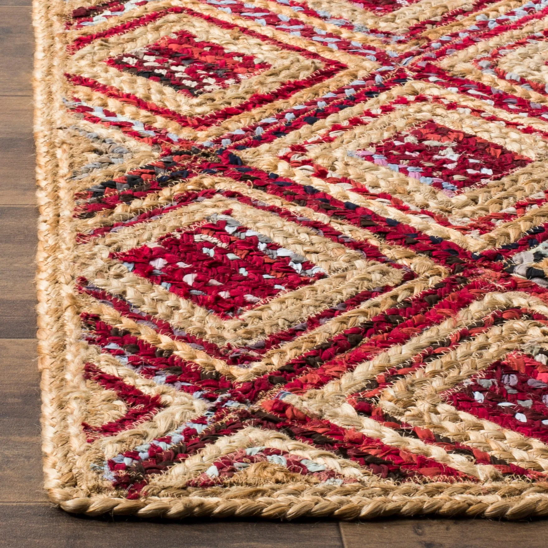 Cape Cod Hand Made Area Rug, Natural / Red Bohemian Style Non-Shedding