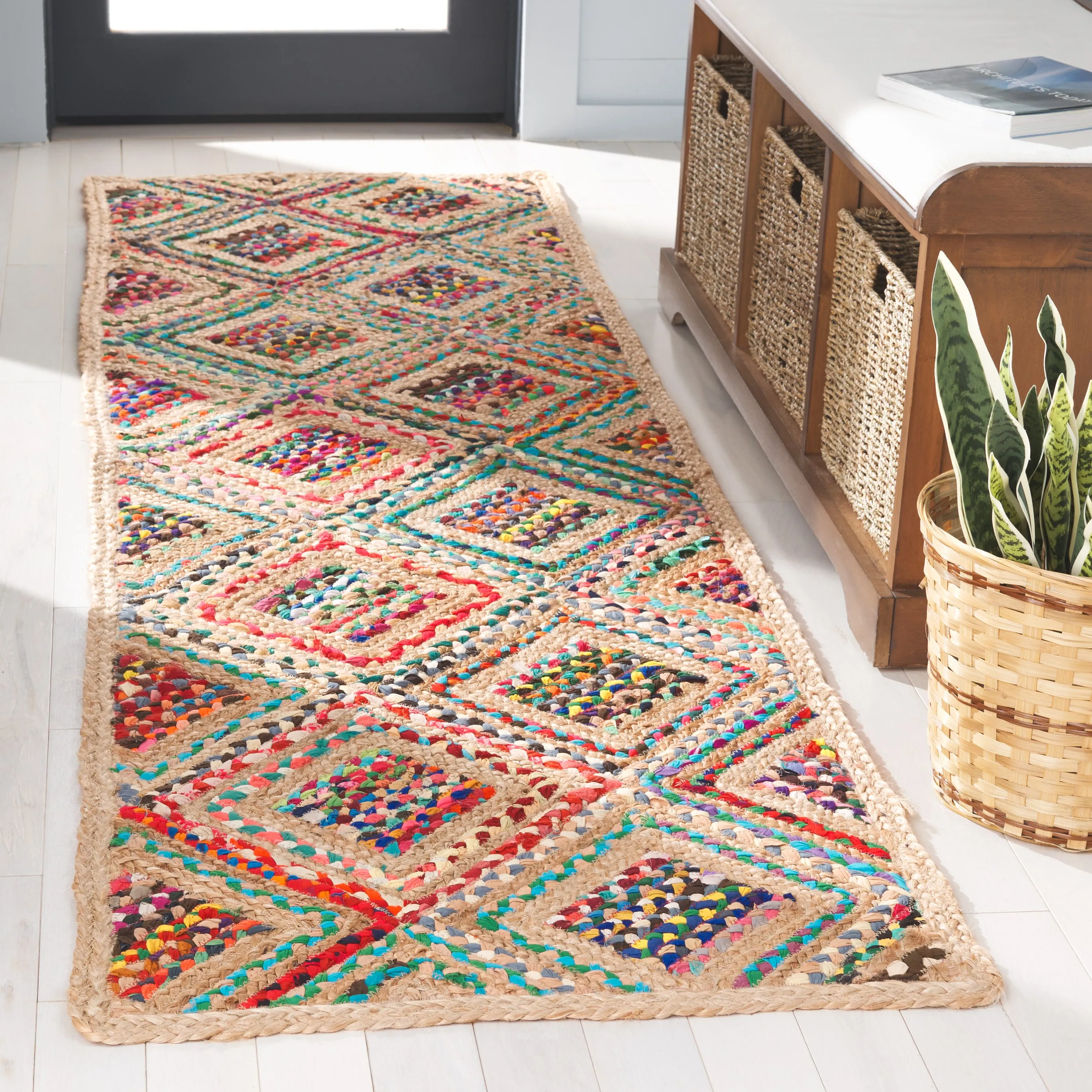 Cape Cod Hand Made Area Rug, Natural / Red Bohemian Style Non-Shedding
