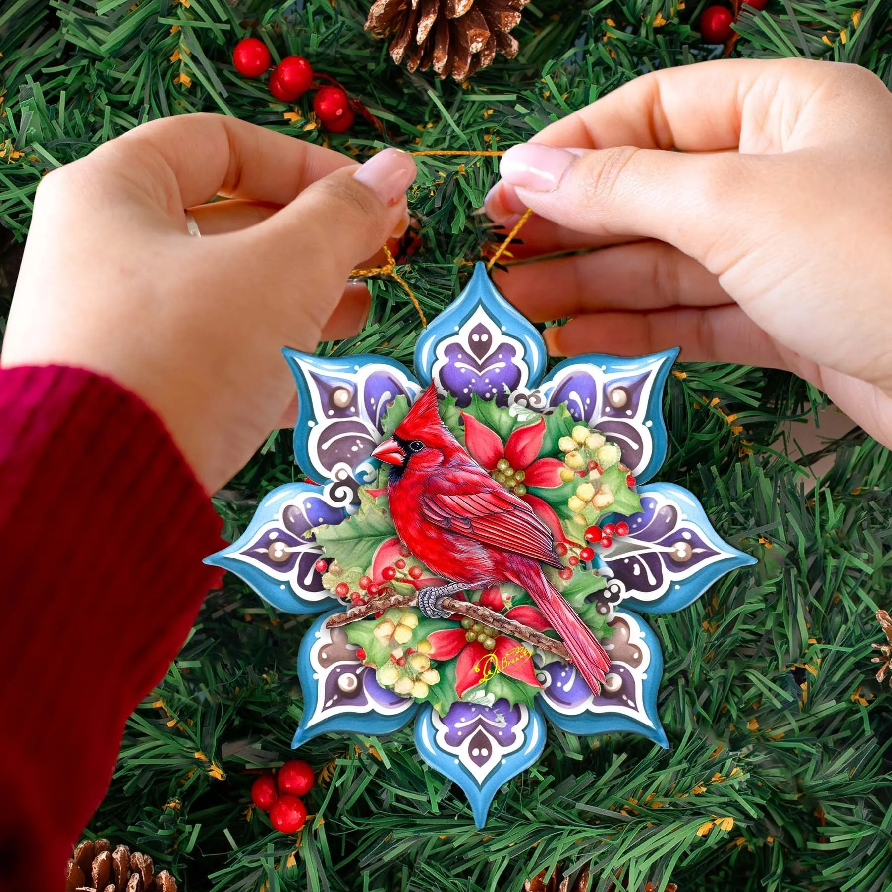 Cardinal Snowflake Wooden Christmas Ornament by G. Debrekht