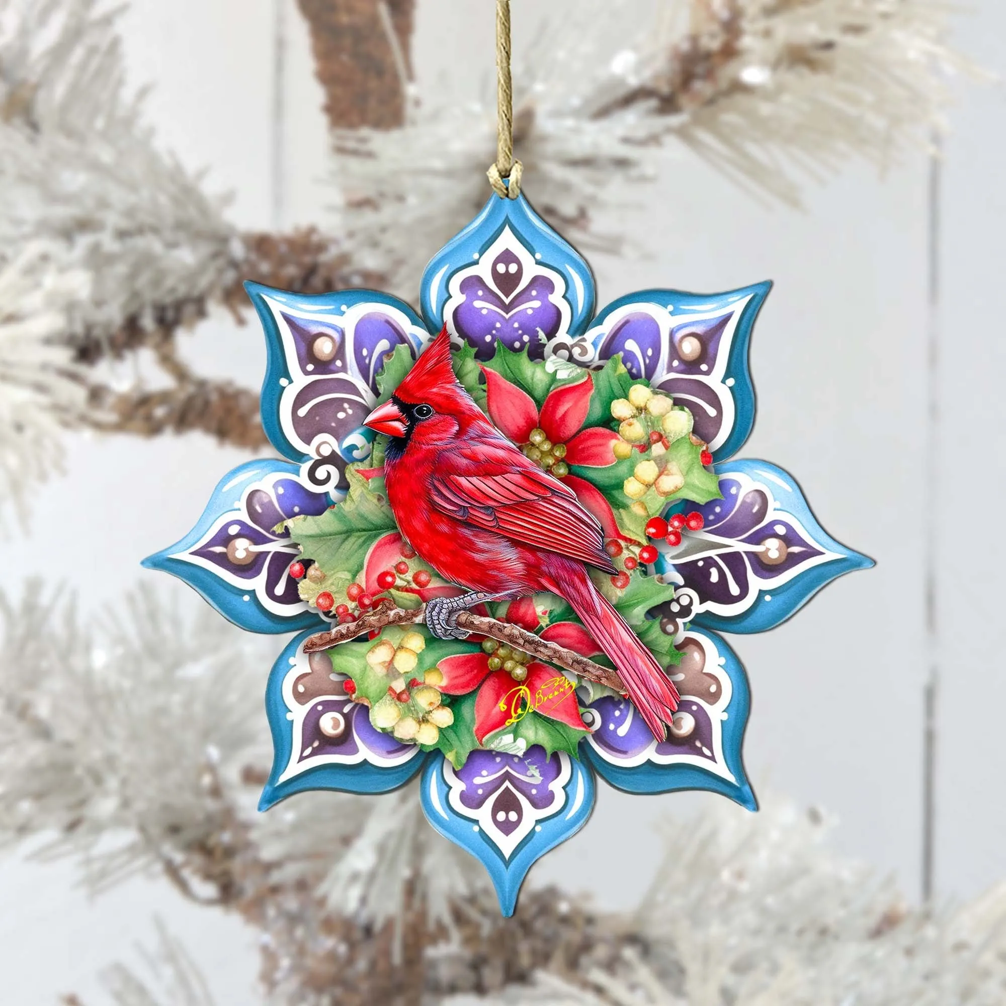 Cardinal Snowflake Wooden Christmas Ornament by G. Debrekht