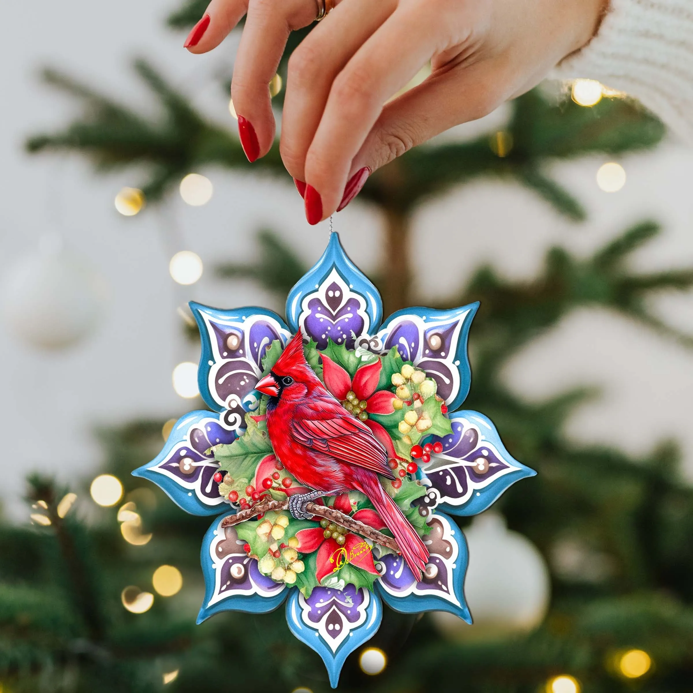 Cardinal Snowflake Wooden Christmas Ornament by G. Debrekht Holiday Decor clearance sale
