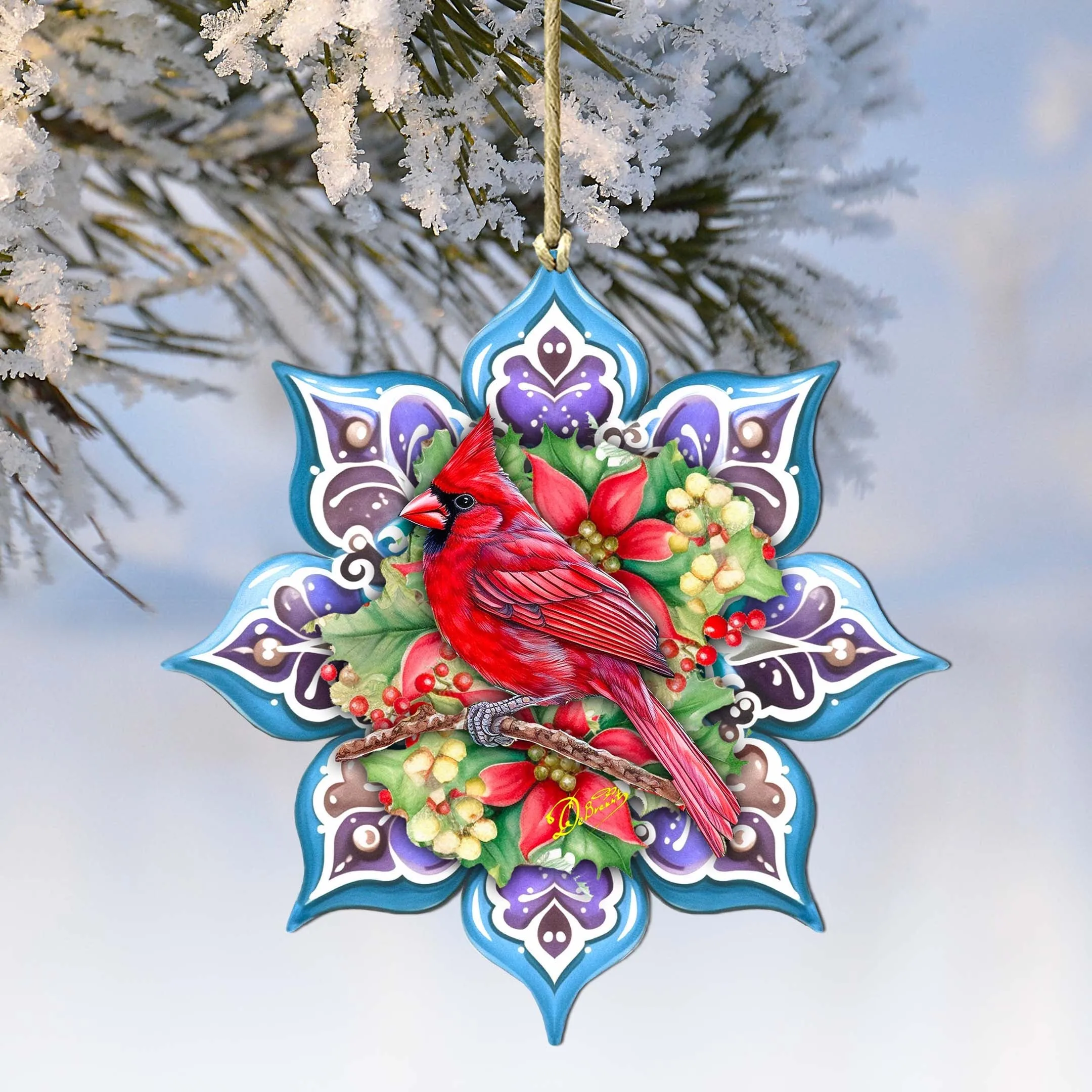 Cardinal Snowflake Wooden Christmas Ornament by G. Debrekht
