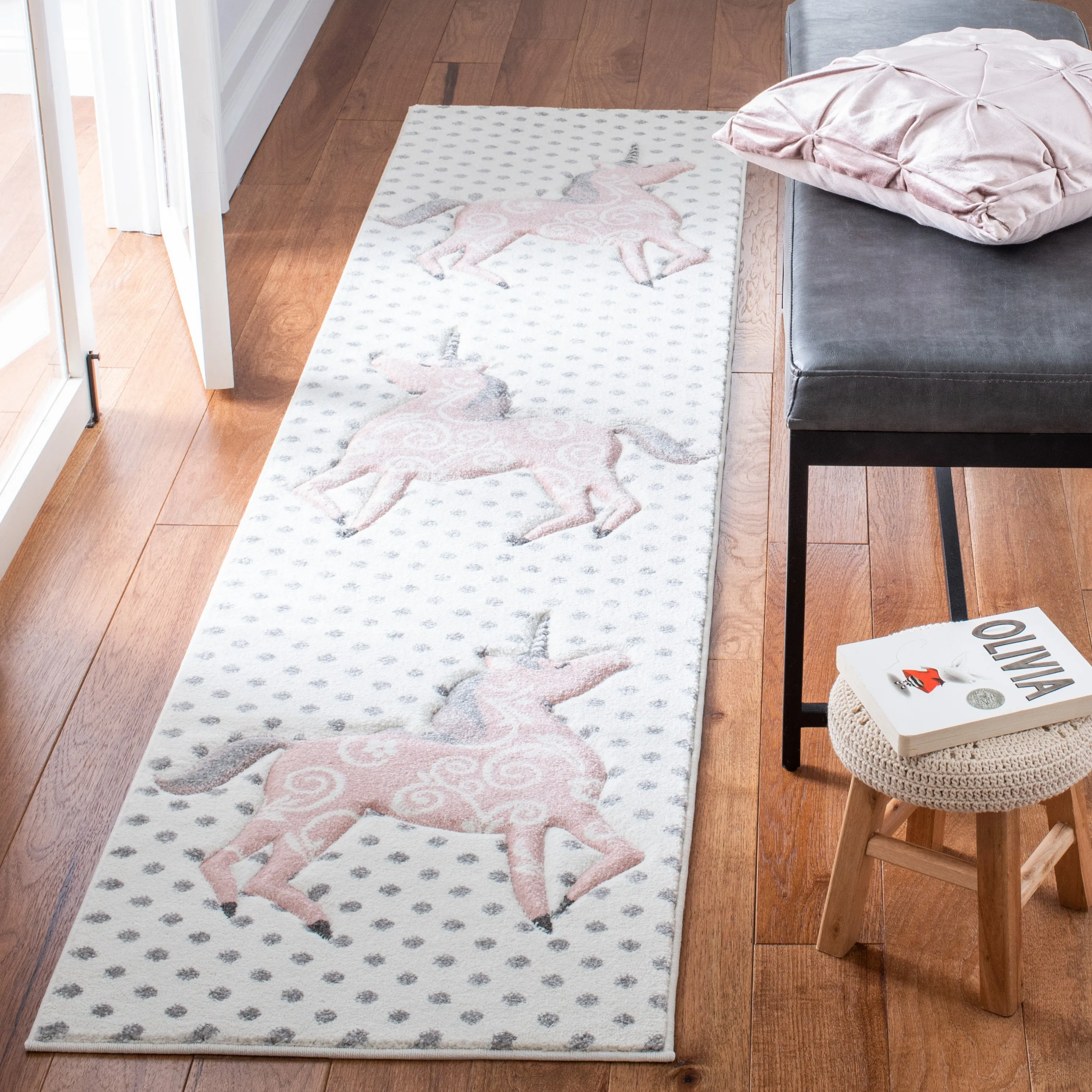 Carousel Kids Machine Made Area Rug, Ivory Grey / Pink Kids Style Easy Care