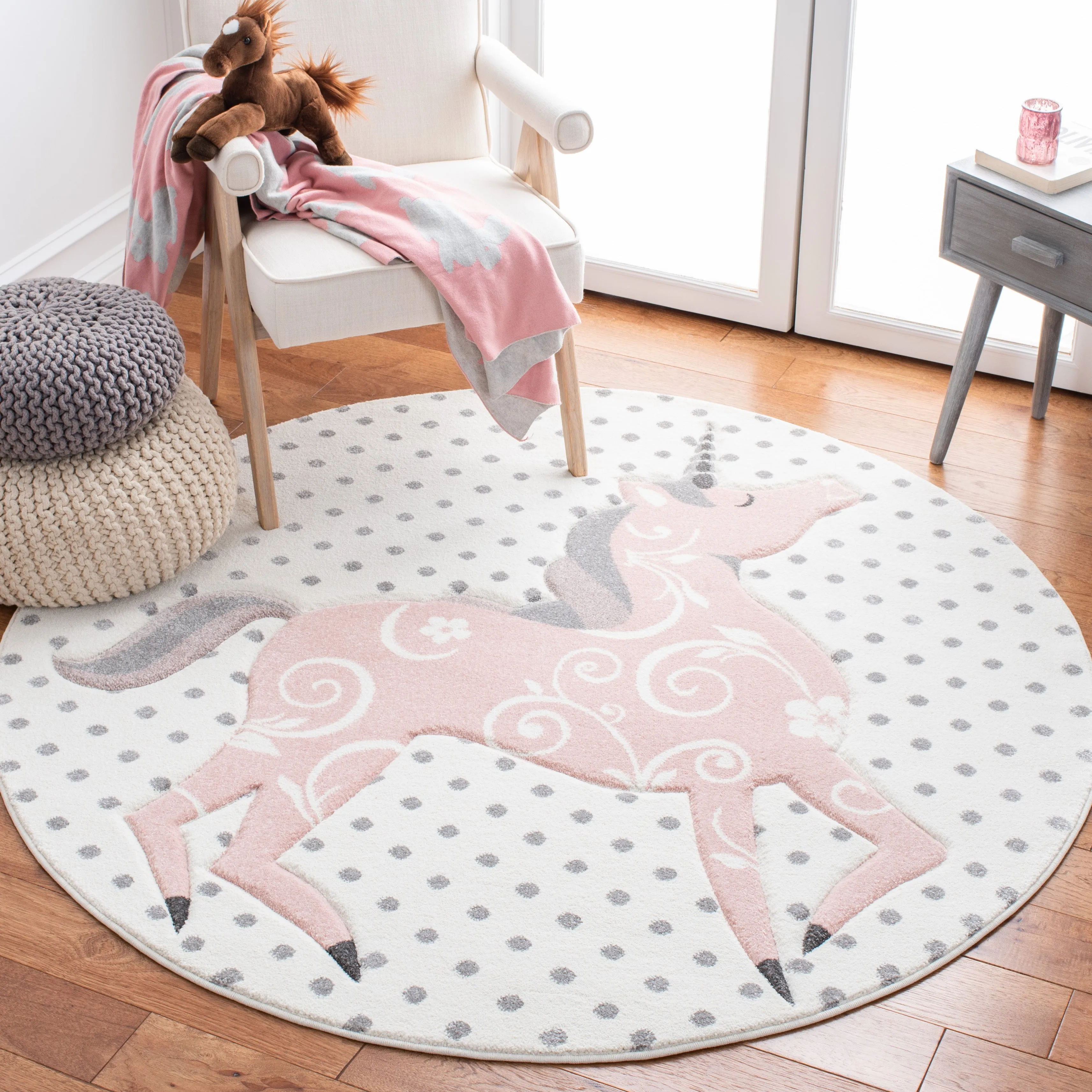 Carousel Kids Machine Made Area Rug, Ivory Grey / Pink Kids Style Easy Care