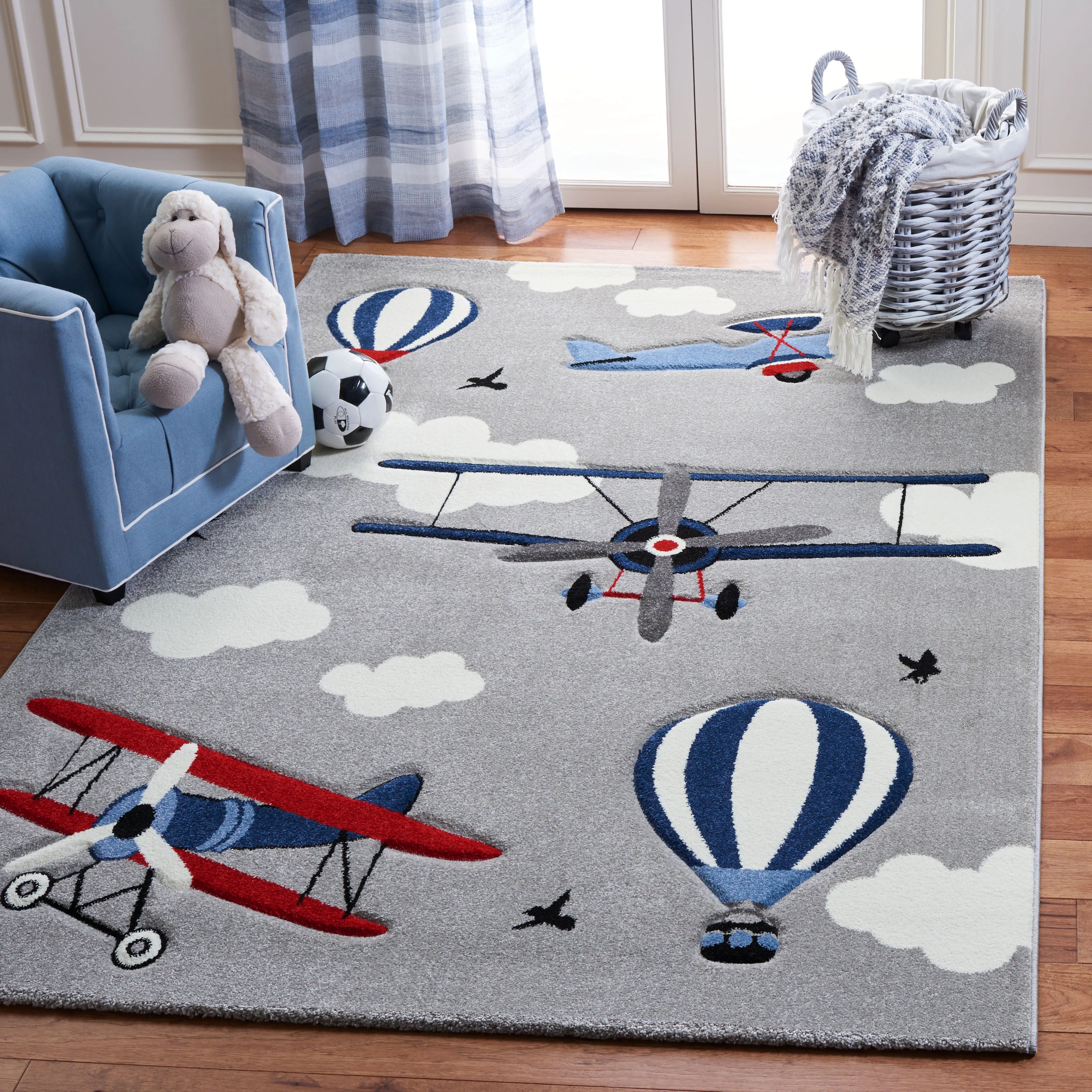 Carousel Kids Machine Made Area Rug, Light Grey / Red Kids Style Easy Care Area Rugs deal online