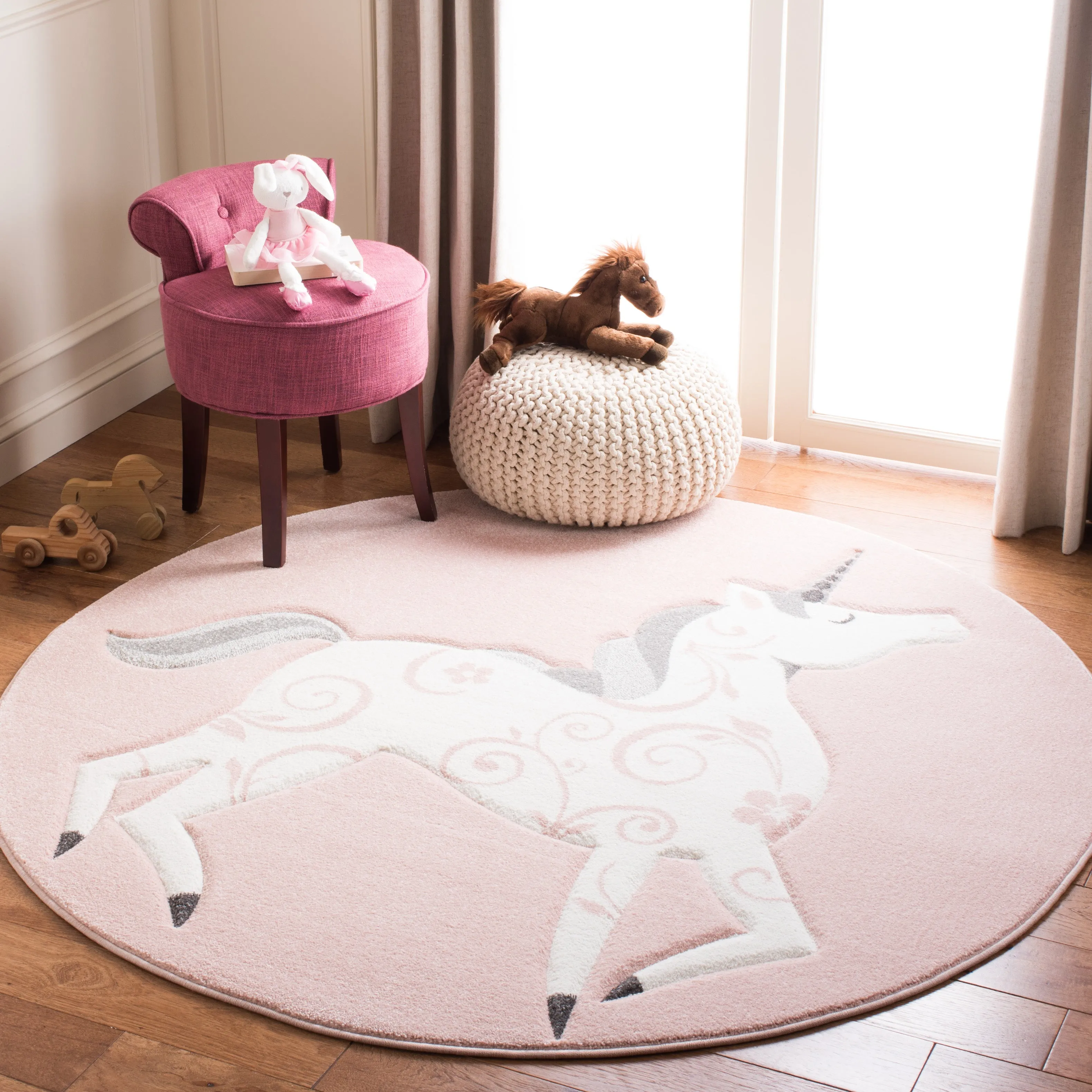 Carousel Kids Machine Made Area Rug, Pink / Ivory Kids Style Easy Care