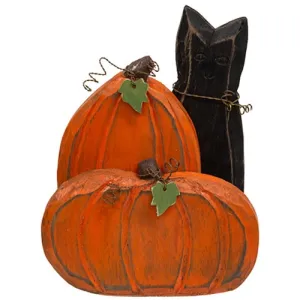 Carved Wooden Pumpkin Duo & Black Cat Decorative Accessories low price