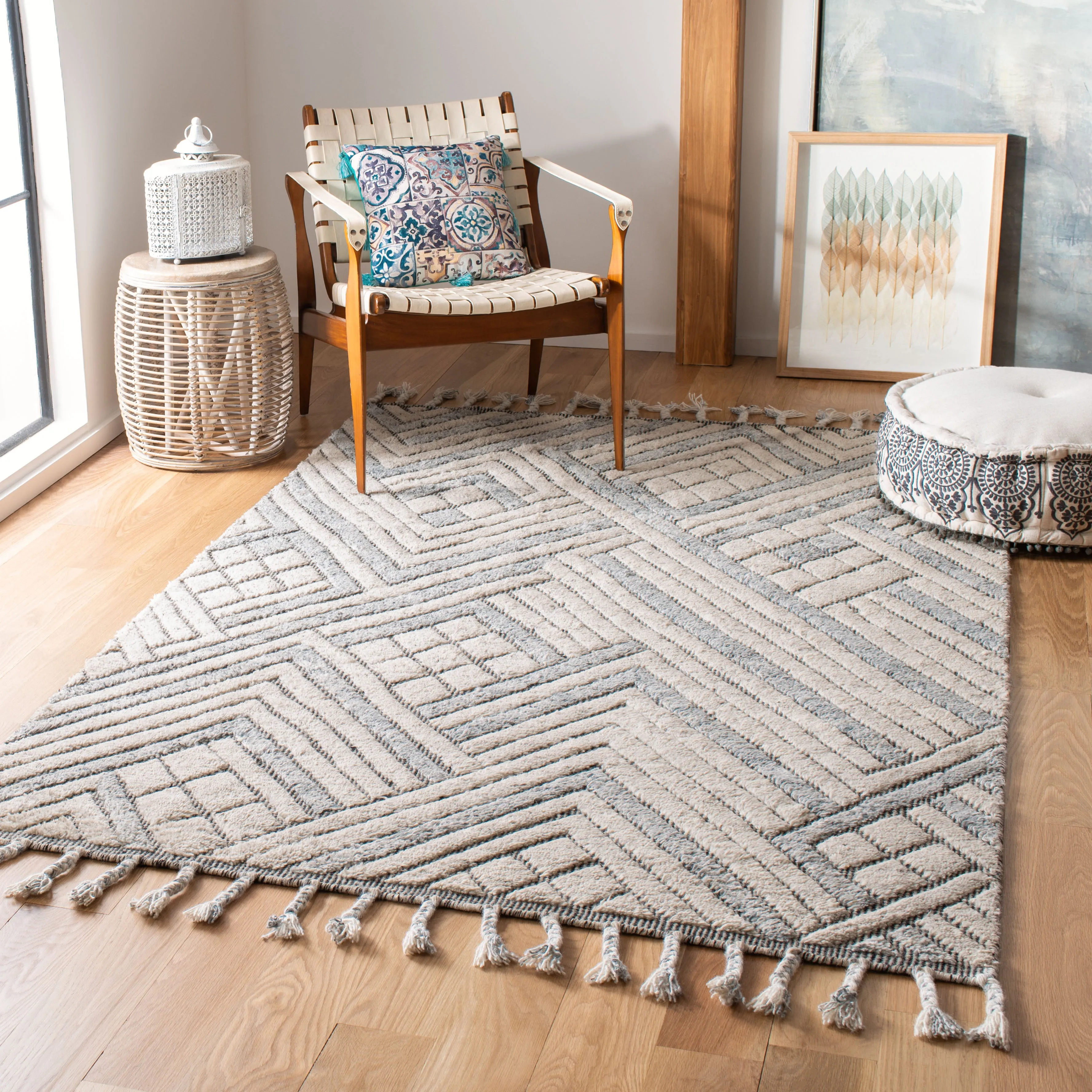 Casablanca Hand Made Area Rug, Grey / Ivory Bohemian Style Non-Shedding Area Rugs cheap home decor