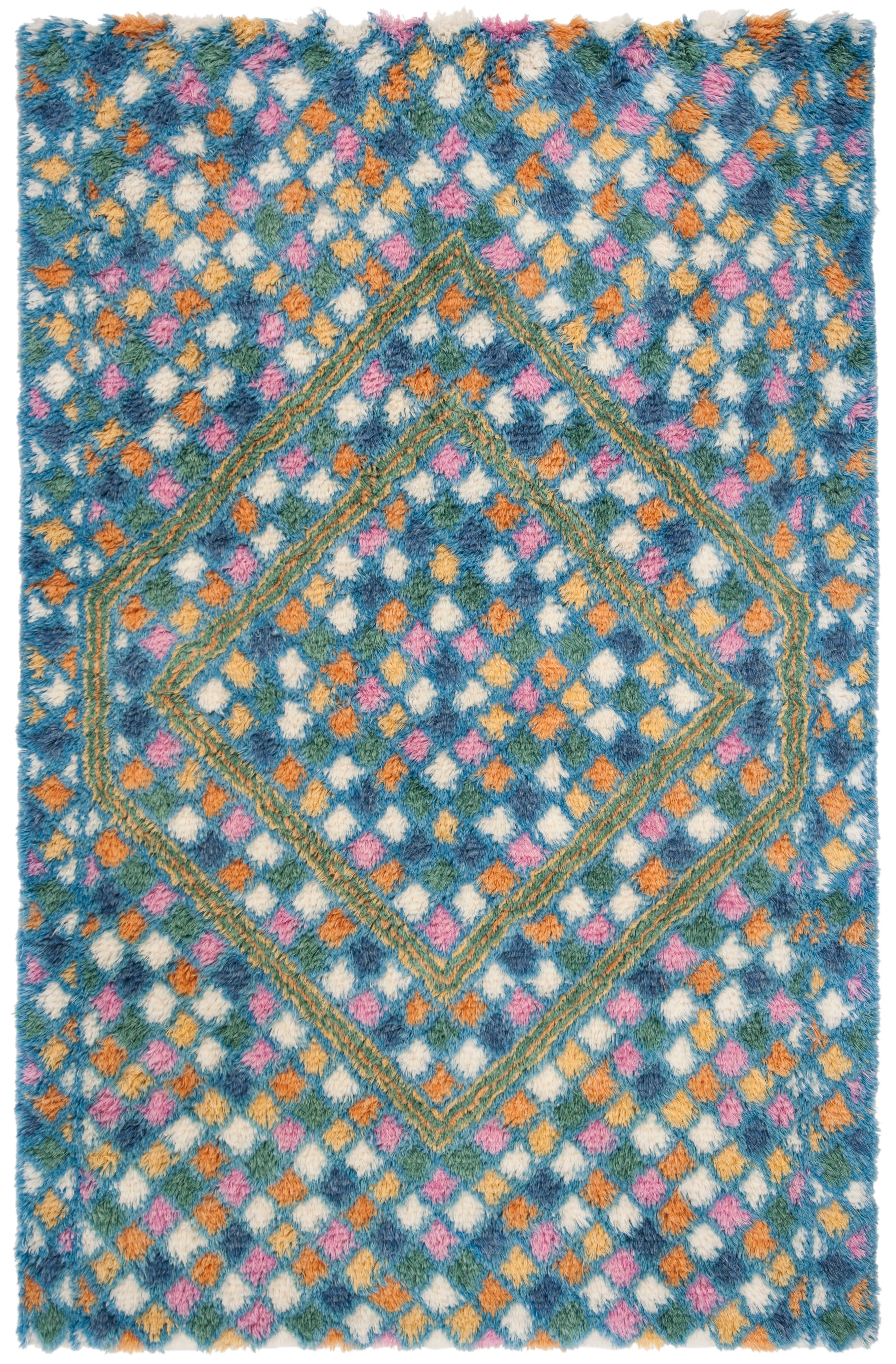 Casablanca Hand Made Area Rug, Ivory / Blue Bohemian Style Non-Shedding