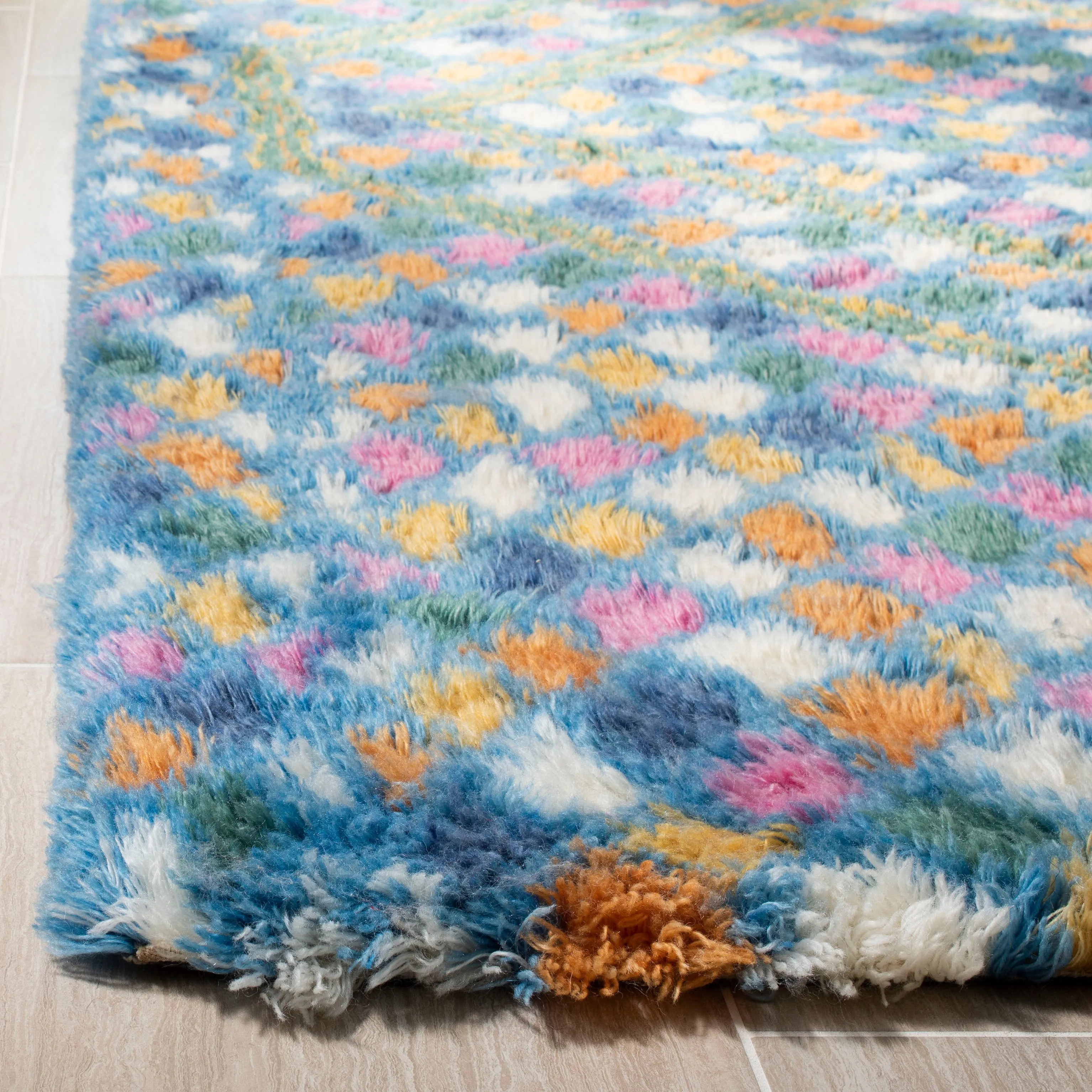 Casablanca Hand Made Area Rug, Ivory / Blue Bohemian Style Non-Shedding
