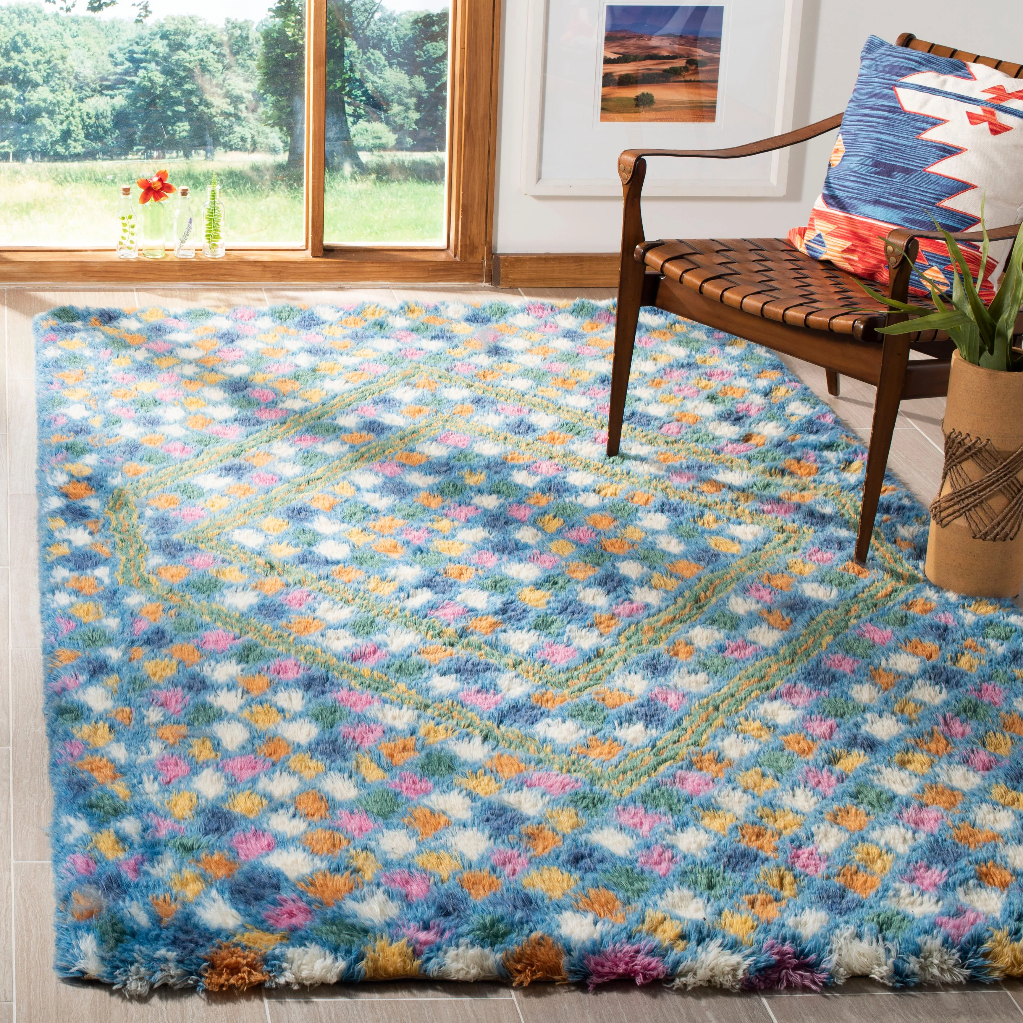 Casablanca Hand Made Area Rug, Ivory / Blue Bohemian Style Non-Shedding Area Rugs deal online