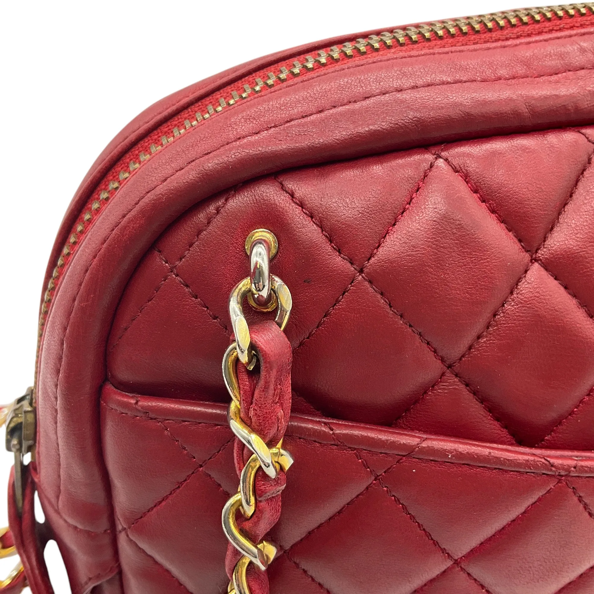 Chanel Red Leather Matelasse Shoulder Bag with Gold Chain