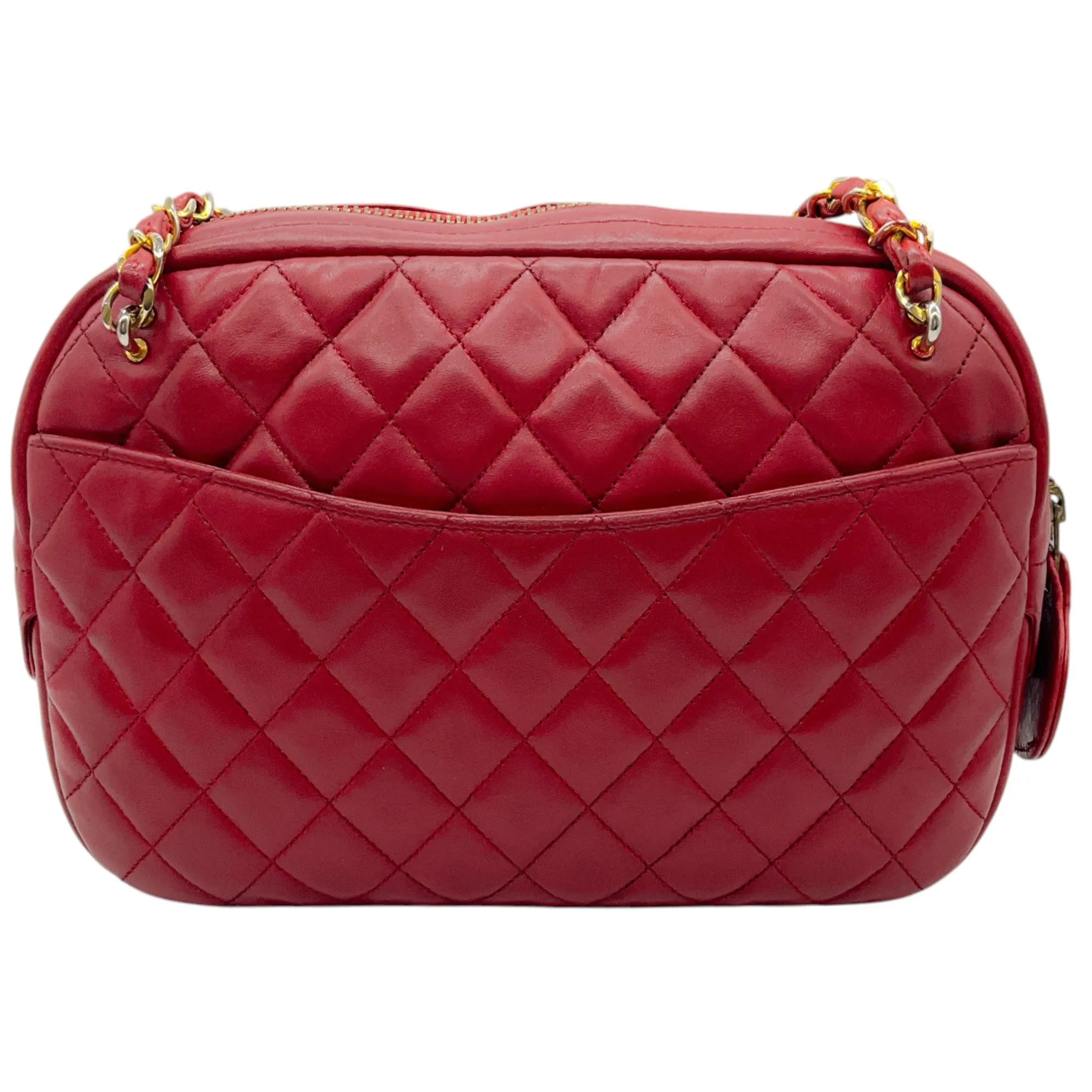 Chanel Red Leather Matelasse Shoulder Bag with Gold Chain
