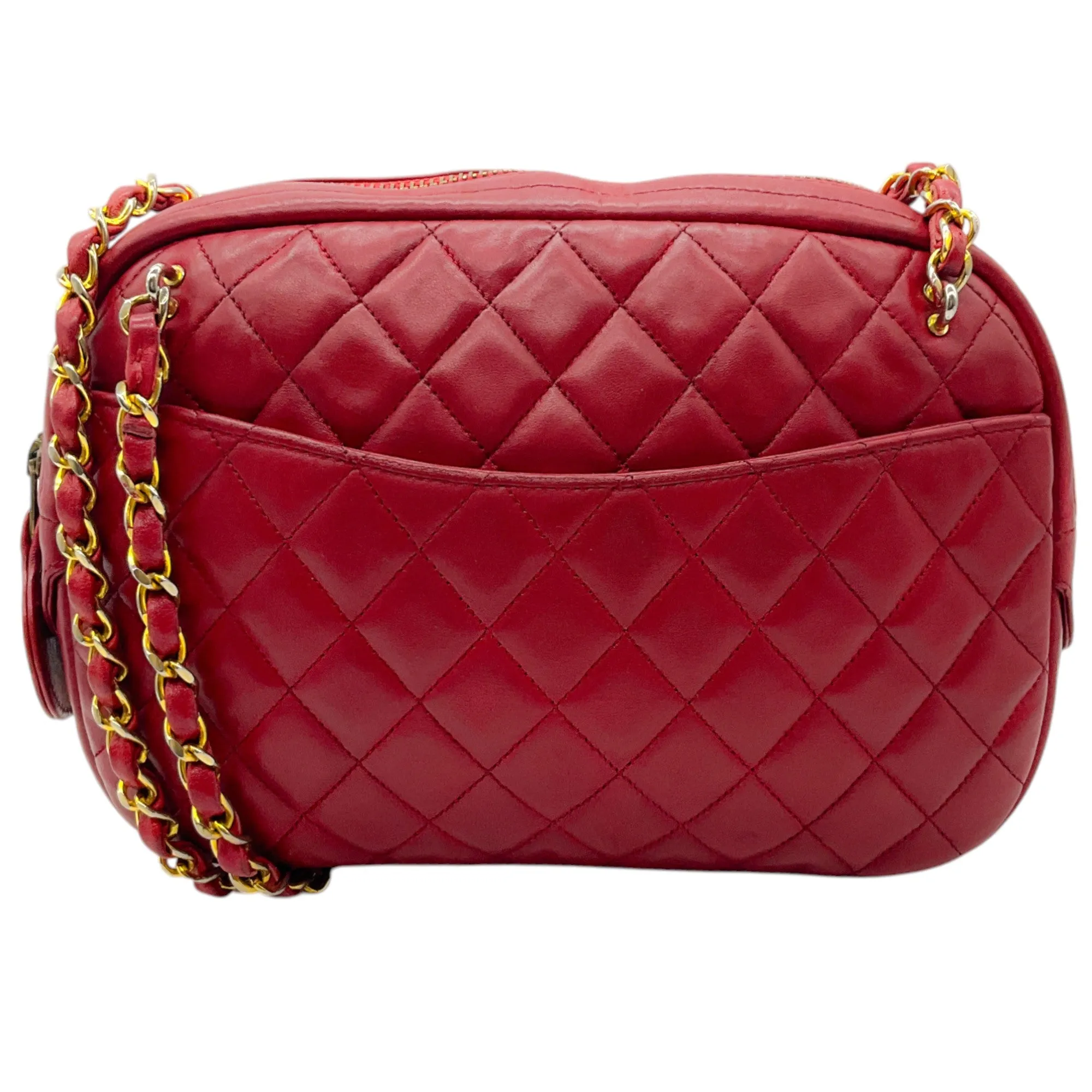 Chanel Red Leather Matelasse Shoulder Bag with Gold Chain