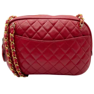 Chanel Red Leather Matelasse Shoulder Bag with Gold Chain