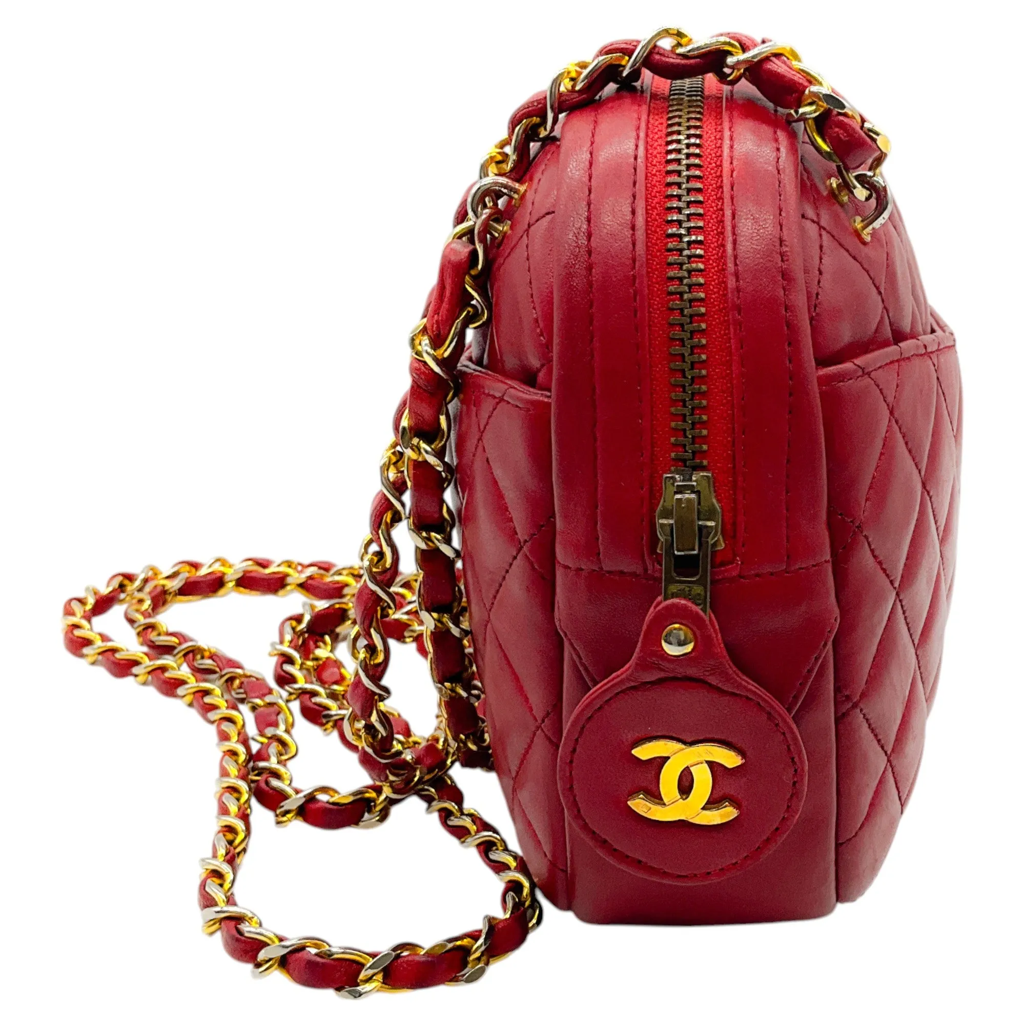 Chanel Red Leather Matelasse Shoulder Bag with Gold Chain