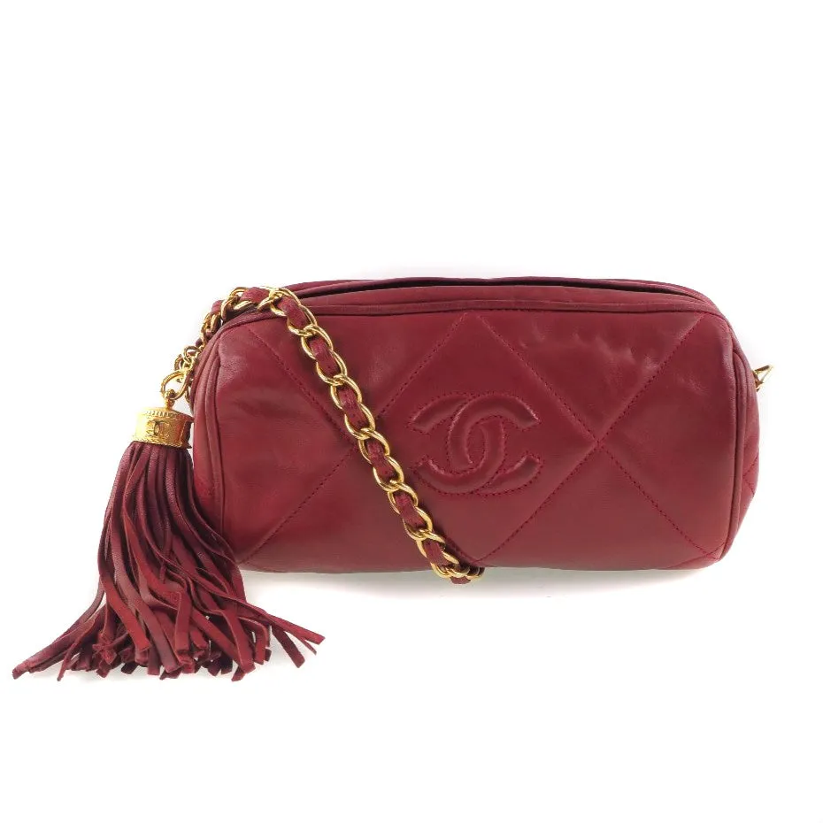 CHANEL Shoulder Bag lambskin Red Matrasse Fringe ChainShoulder Women Used